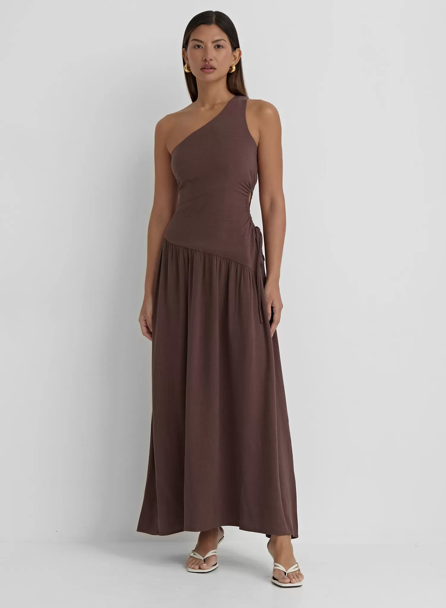 Brown Linen One Shoulder Cut Out Detail Dress- Clara-4th & Reckless Fashion
