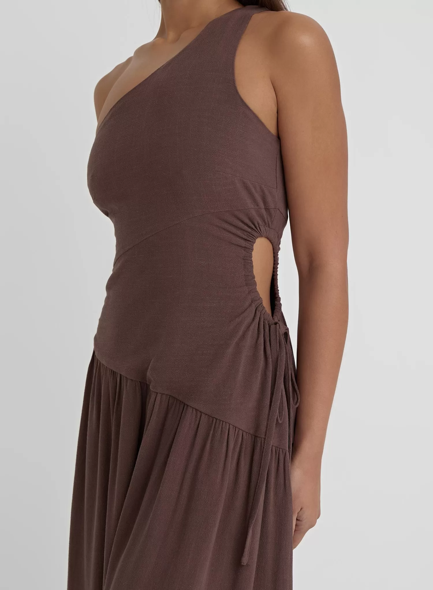 Brown Linen One Shoulder Cut Out Detail Dress- Clara-4th & Reckless Fashion