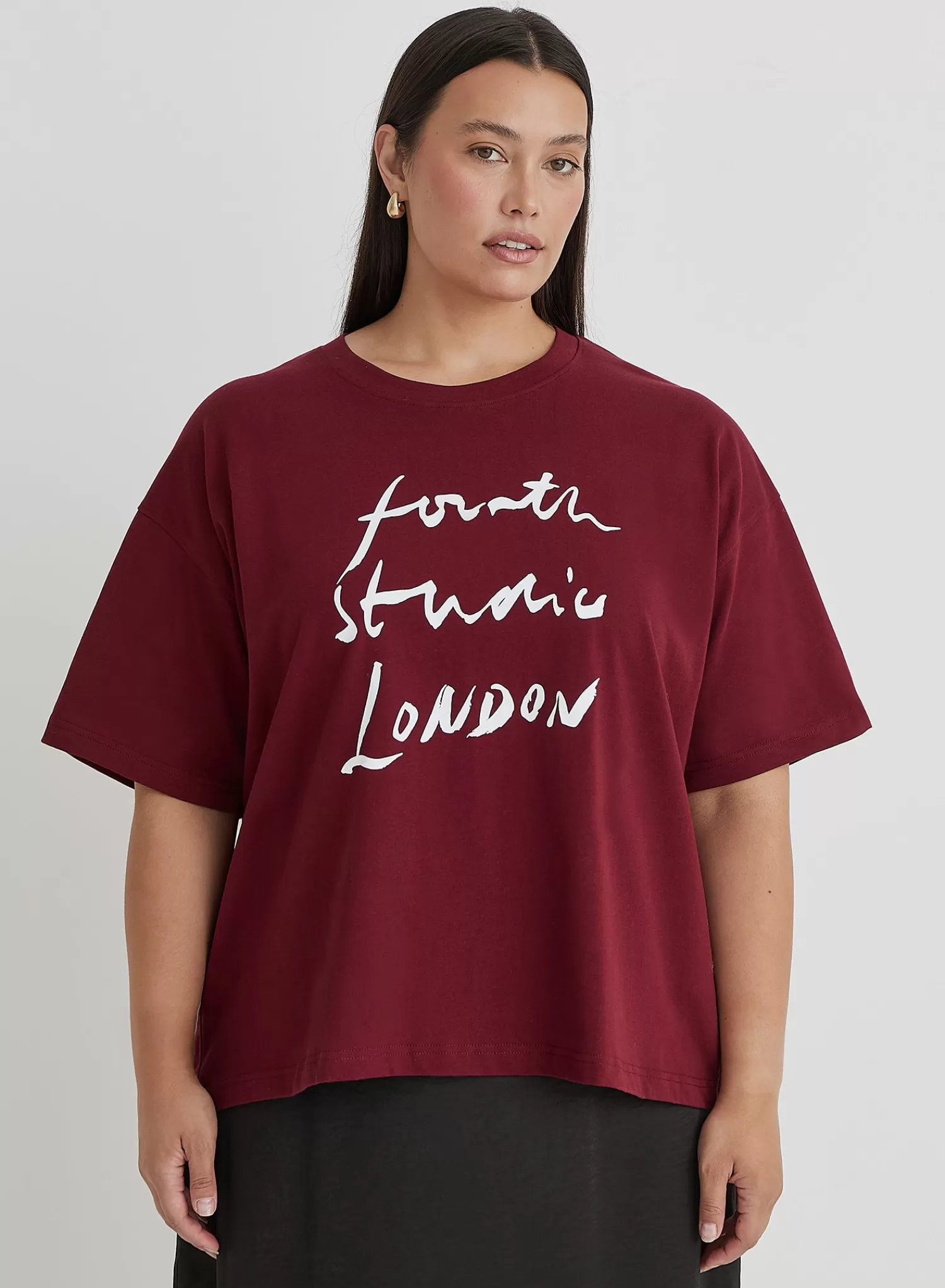 Burgundy Curve Fourth Studio Slogan T-Shirt- Heidi-4th & Reckless Outlet