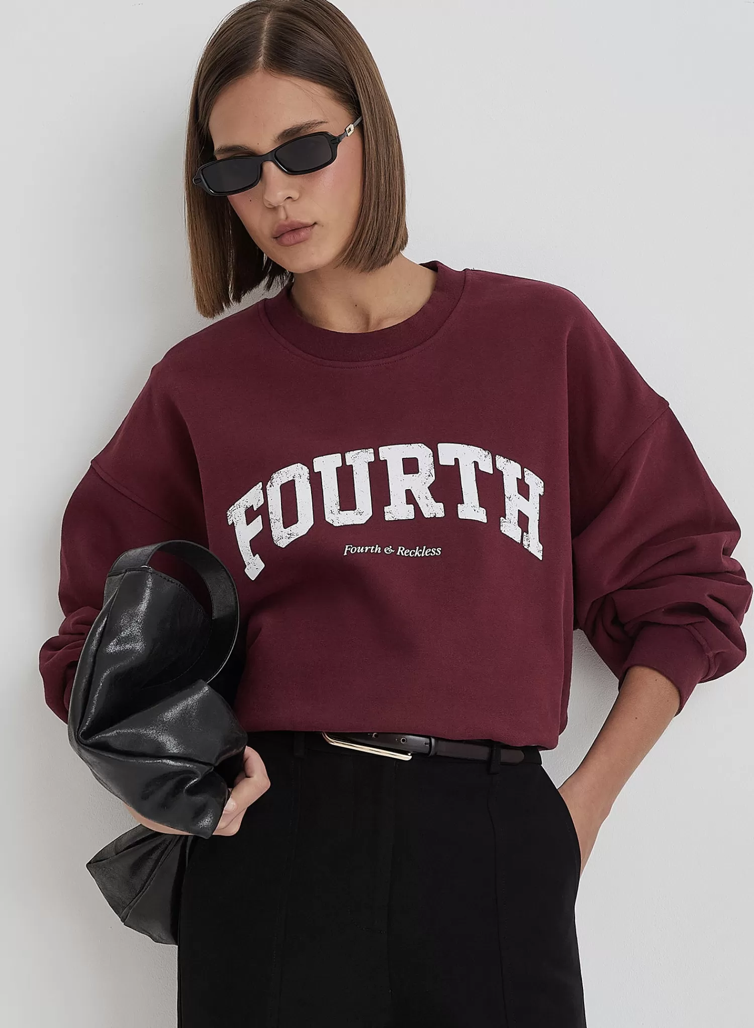 Burgundy Distressed Fourth Slogan Oversized Sweatshirt- Rylee-4th & Reckless Online
