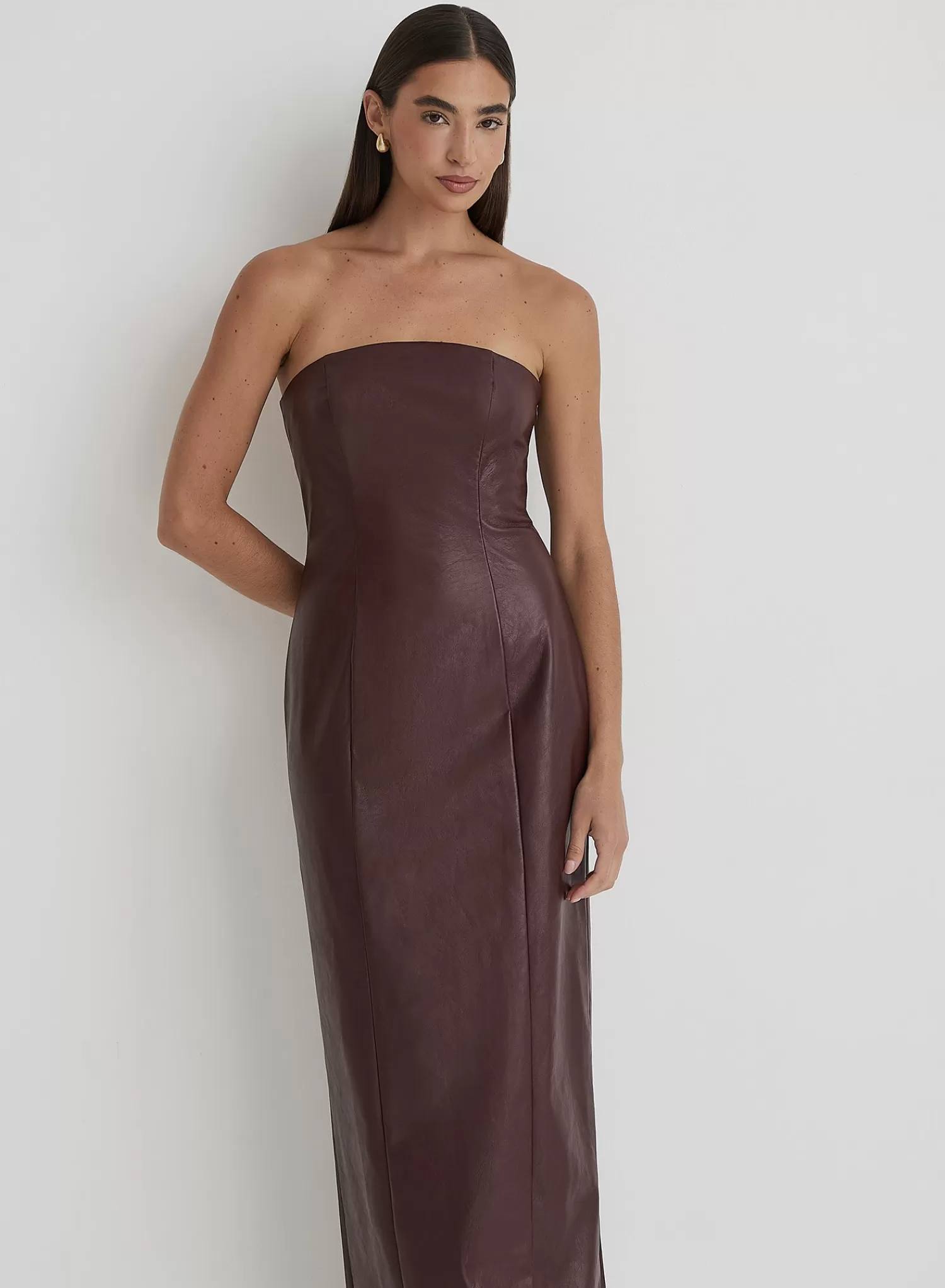 Burgundy Faux Leather Bandeau Maxi Dress- Karina-4th & Reckless Cheap