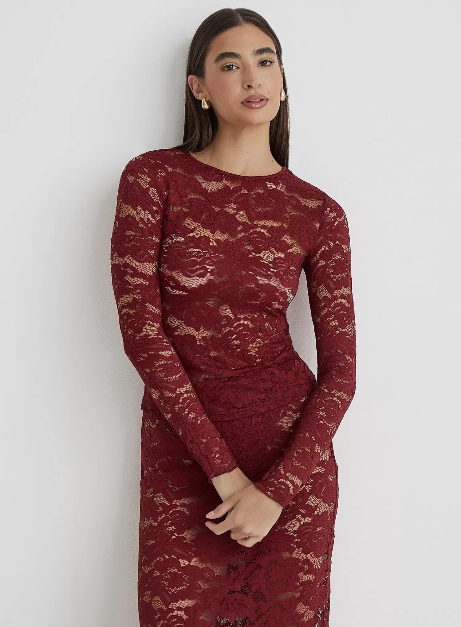 Burgundy Lace Long Sleeve Top- Emery-4th & Reckless Hot