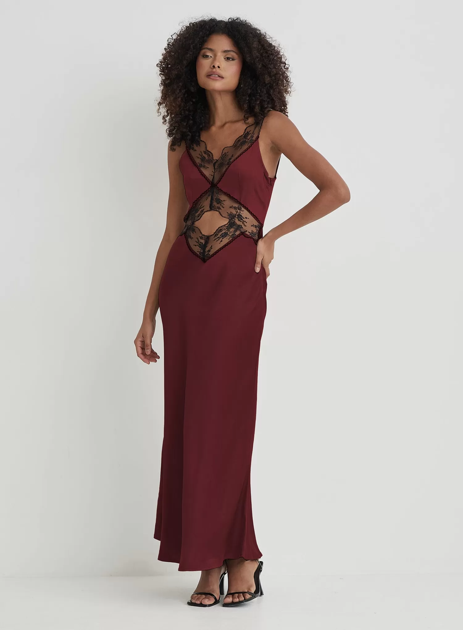 Burgundy Satin Lace Slip Dress- Kelsey-4th & Reckless New