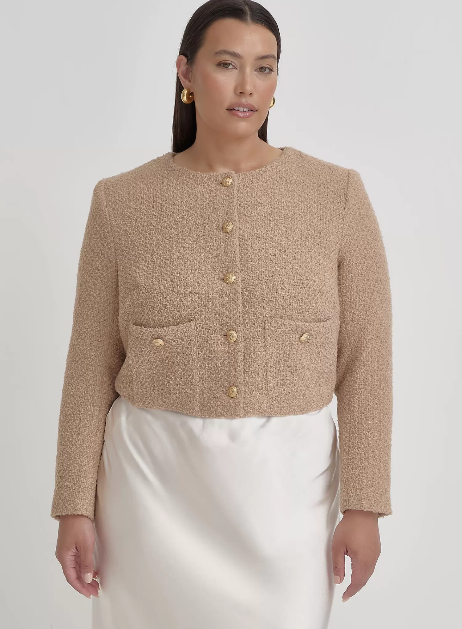 Camel Plus Size Tweed Wool Jacket- Helena-4th & Reckless Store