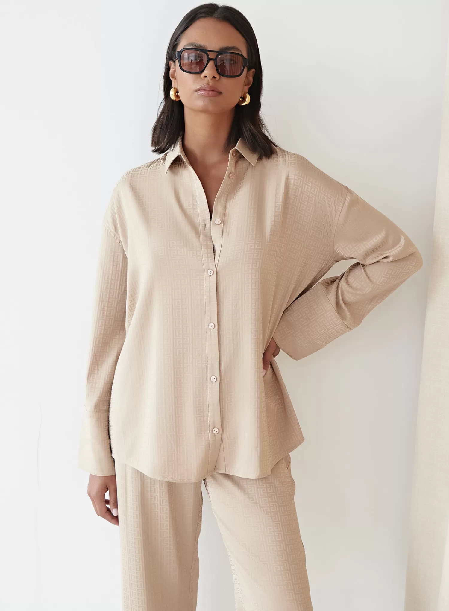 Camel Relaxed Geo Print Satin Shirt - Mimi-4th & Reckless Clearance