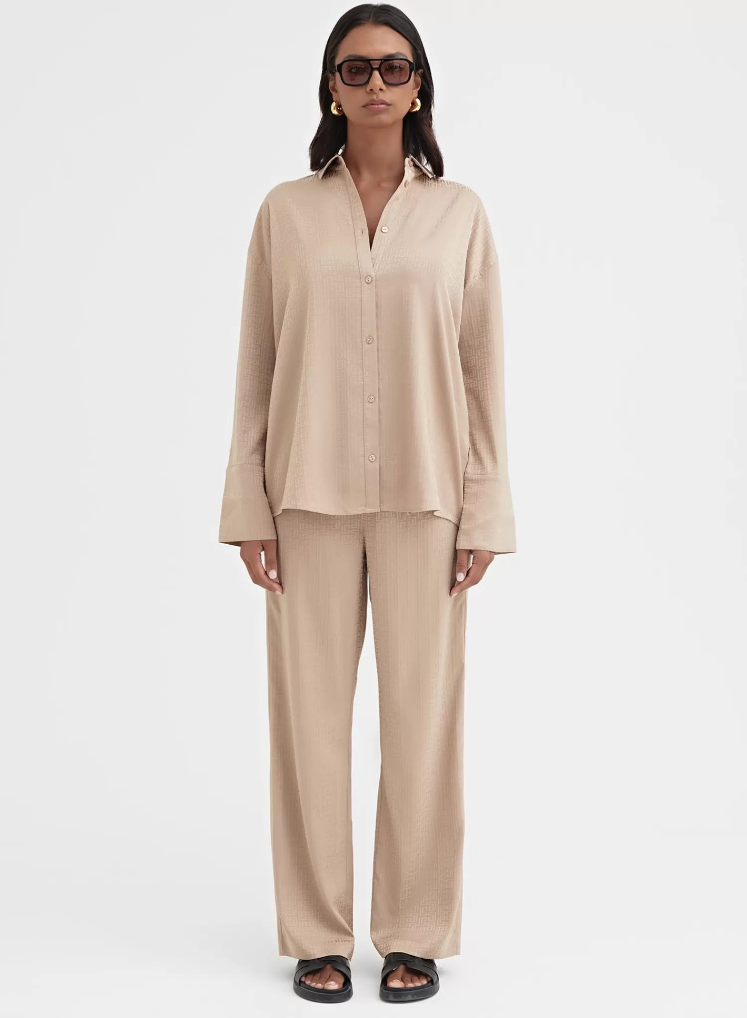 Camel Relaxed Geo Print Satin Shirt - Mimi-4th & Reckless Clearance