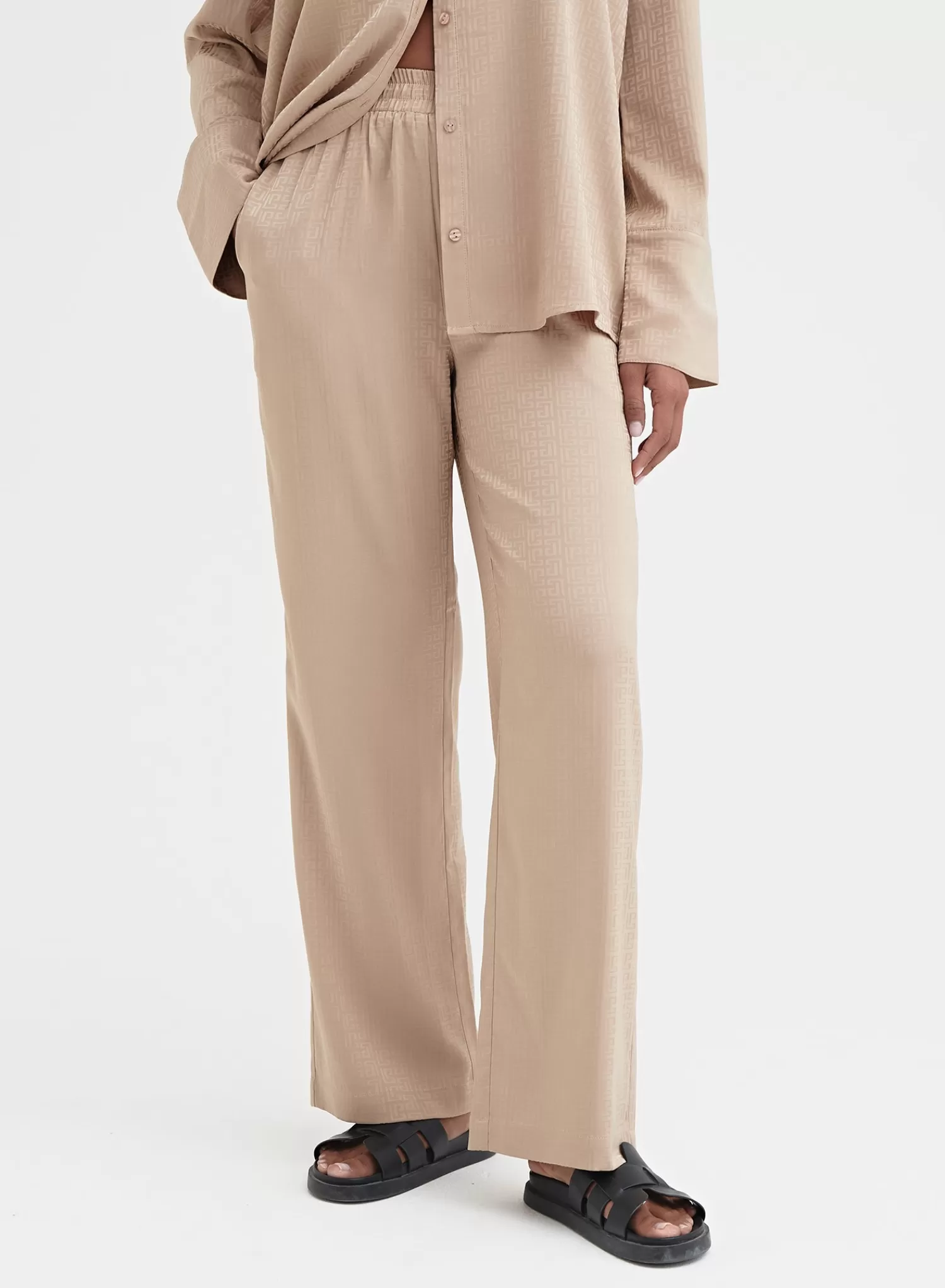 Camel Relaxed Geo Print Satin Trouser - Mimi-4th & Reckless New