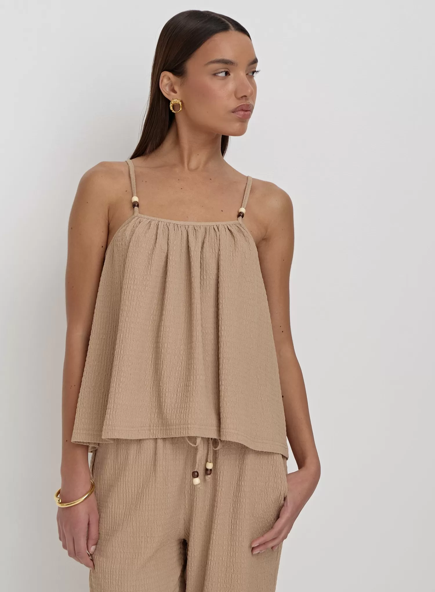 Camel Textured Beaded Cami Top- Gia-4th & Reckless Hot