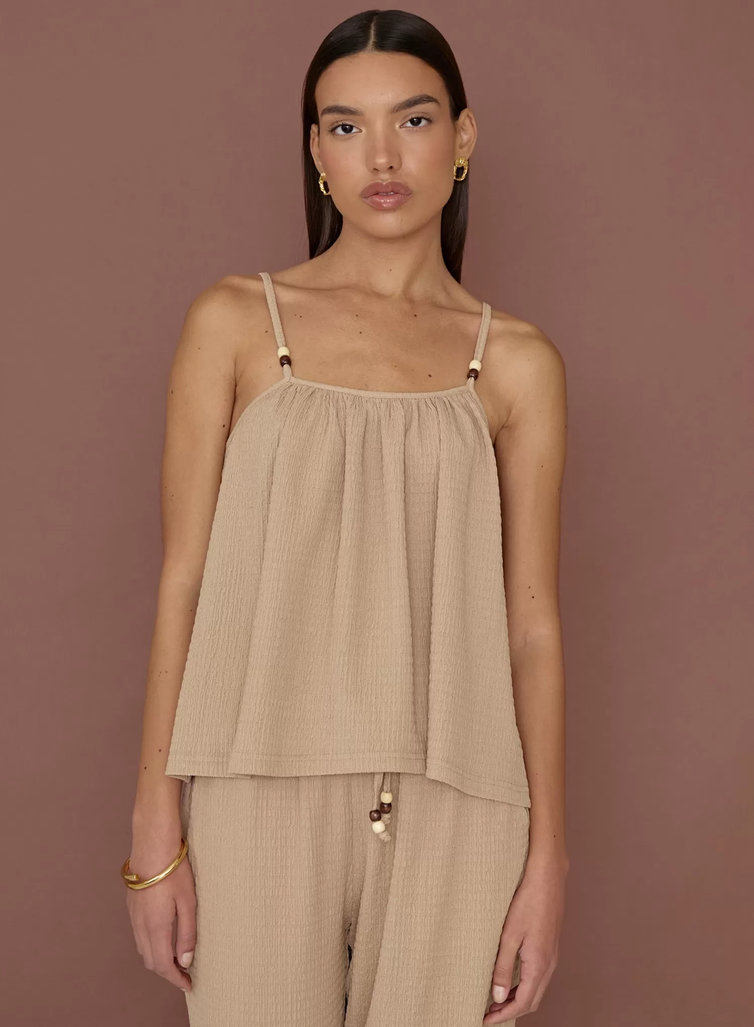 Camel Textured Beaded Cami Top- Gia-4th & Reckless Hot