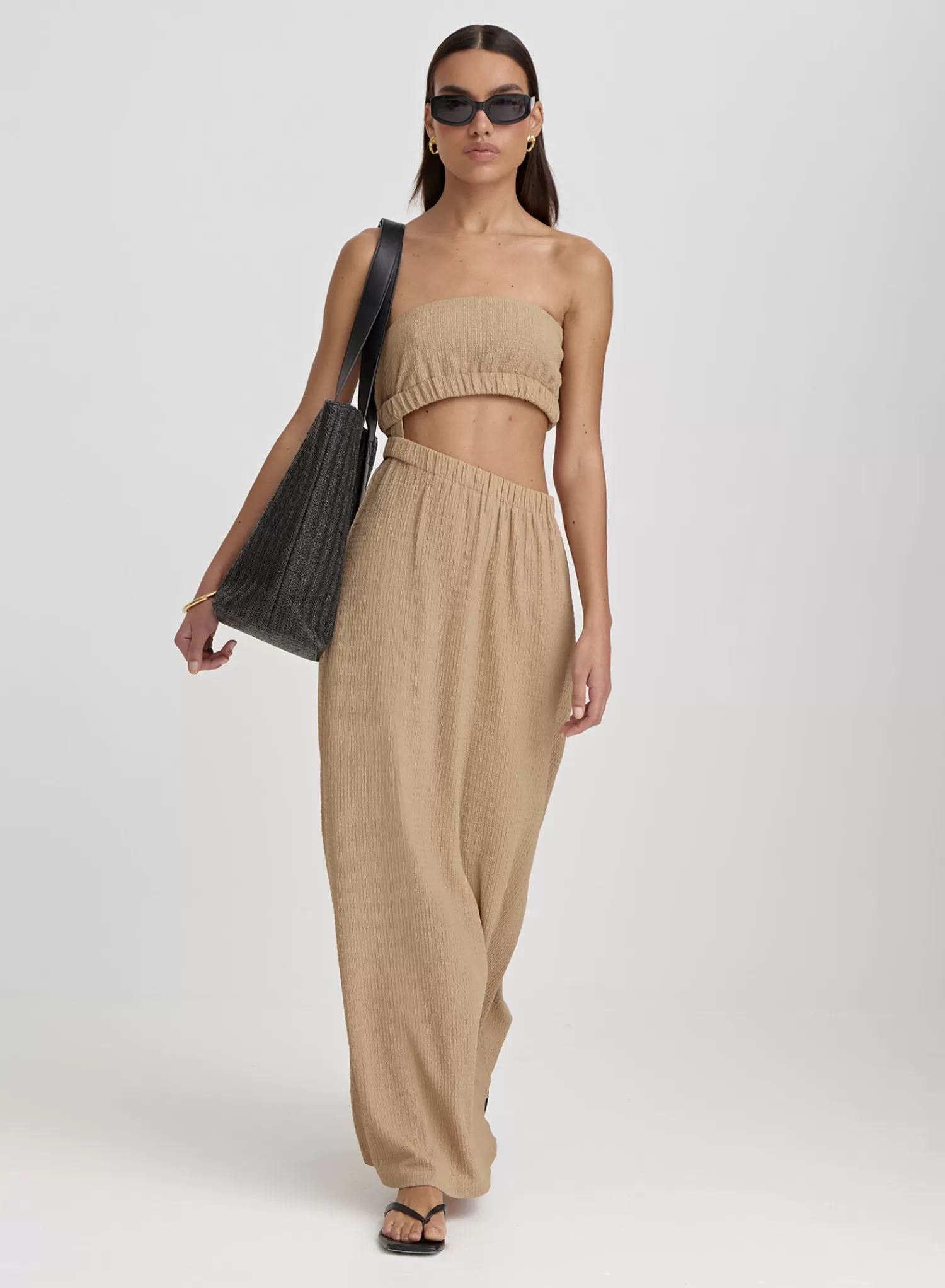 Camel Textured Cut Out Bandeau Maxi Dress- Angie-4th & Reckless Cheap