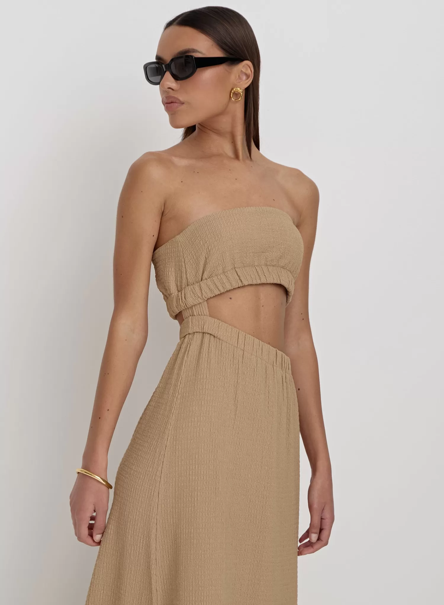 Camel Textured Cut Out Bandeau Maxi Dress- Angie-4th & Reckless Cheap