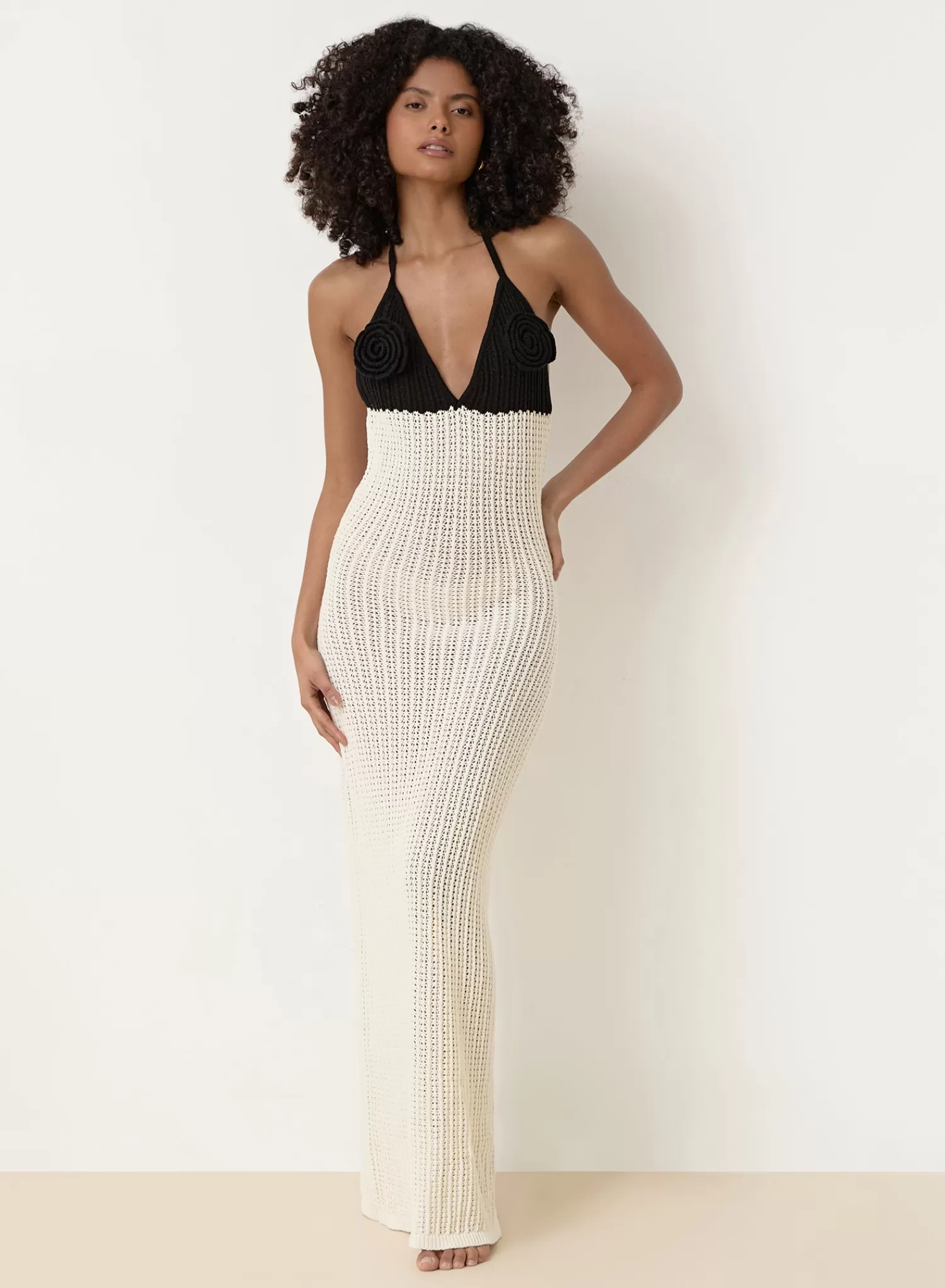 Cream And Black Knit Corsage Maxi Dress- Orchid-4th & Reckless Best Sale