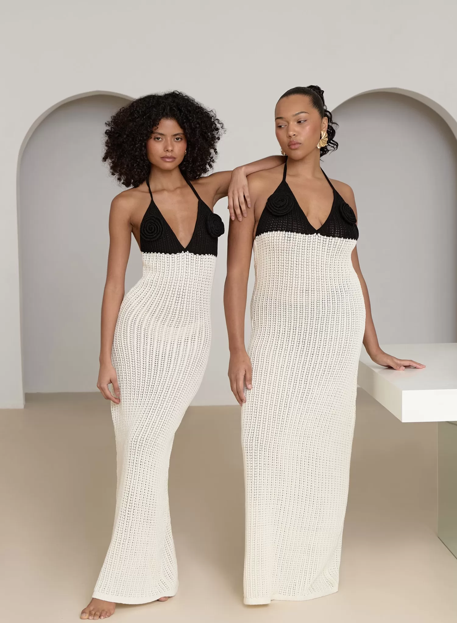 Cream And Black Knit Corsage Maxi Dress- Orchid-4th & Reckless Best Sale