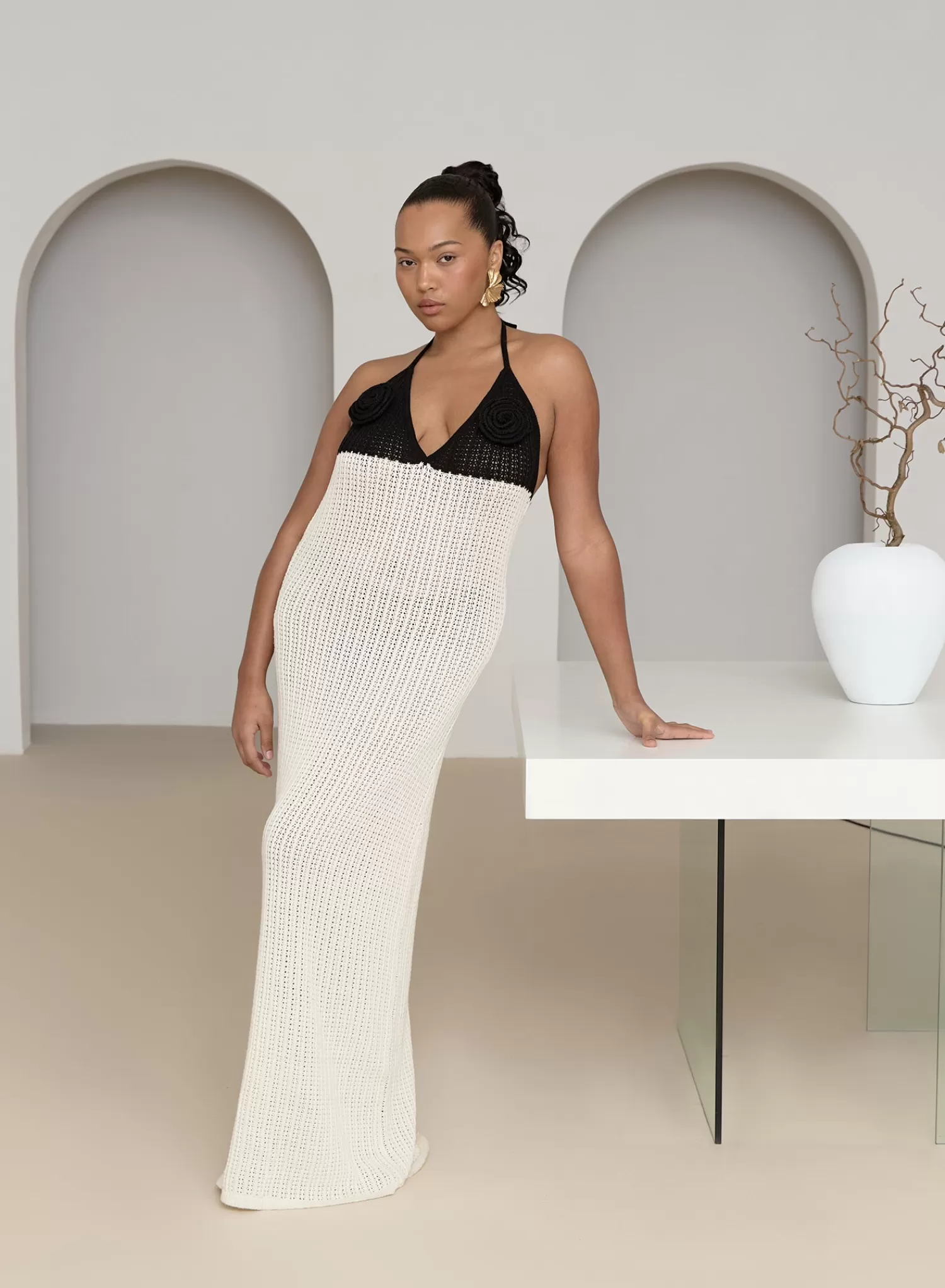 Cream And Black Knit Corsage Maxi Dress- Orchid-4th & Reckless Best Sale