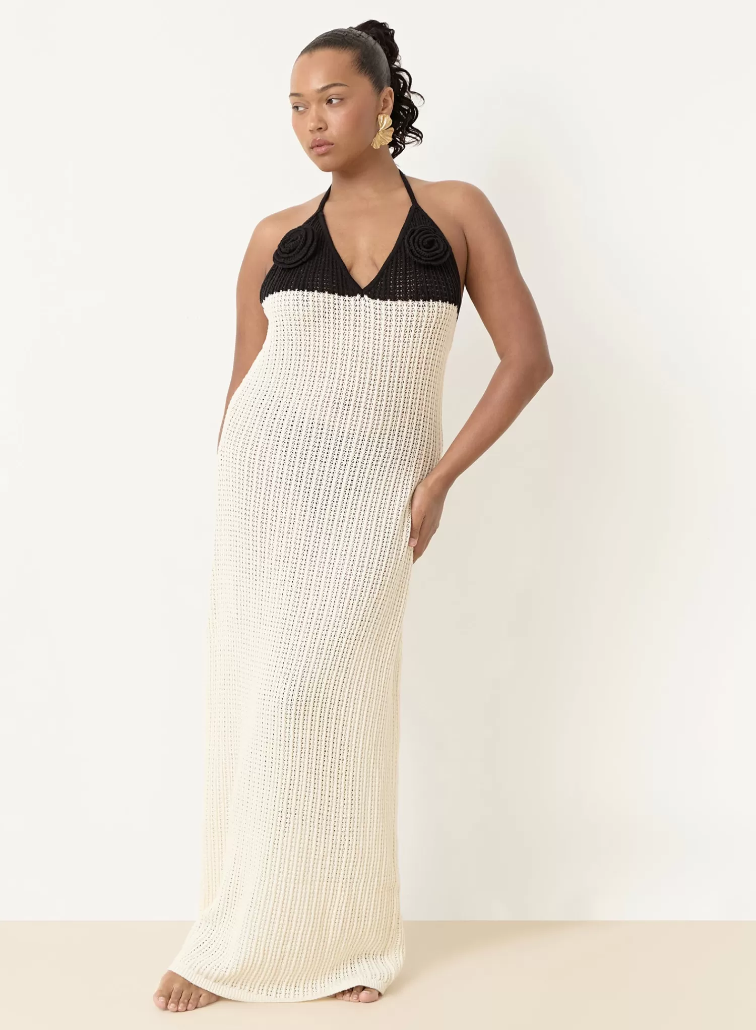 Cream And Black Knit Corsage Maxi Dress- Orchid-4th & Reckless Best Sale
