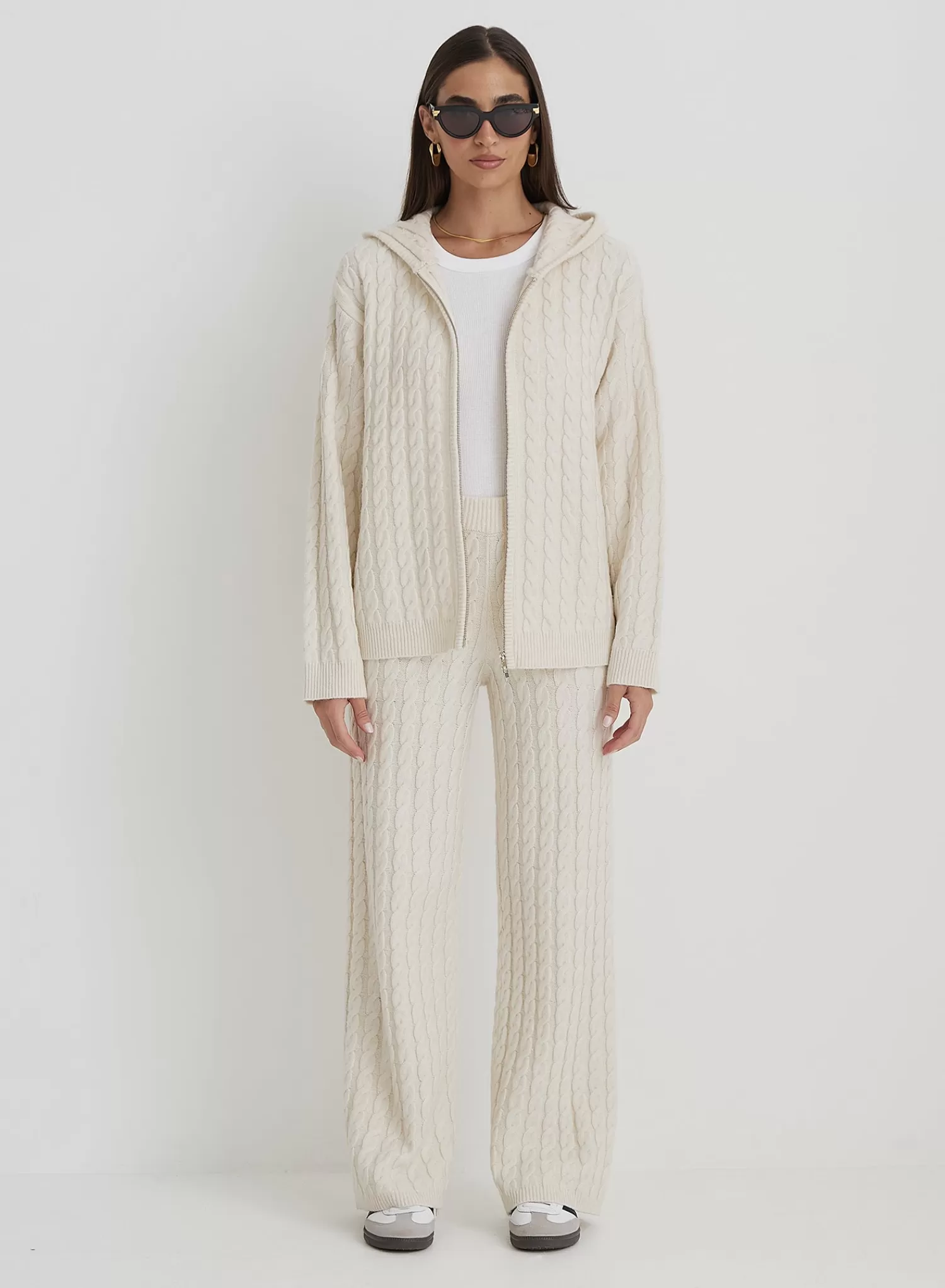 Cream Cable Knit Zip Hoodie- Janina-4th & Reckless Store