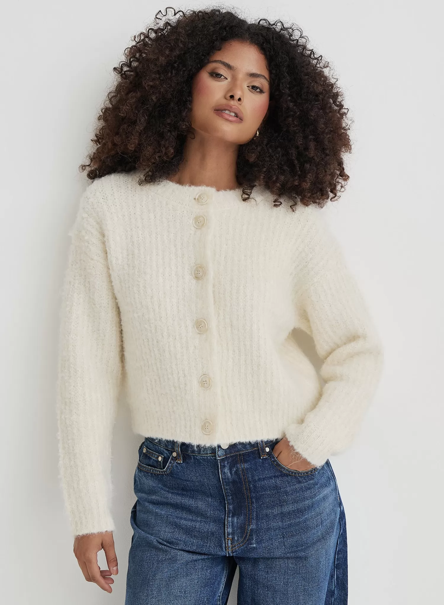 Cream Fluffy Knit Crew Neck Cardigan- Kinsley-4th & Reckless Fashion