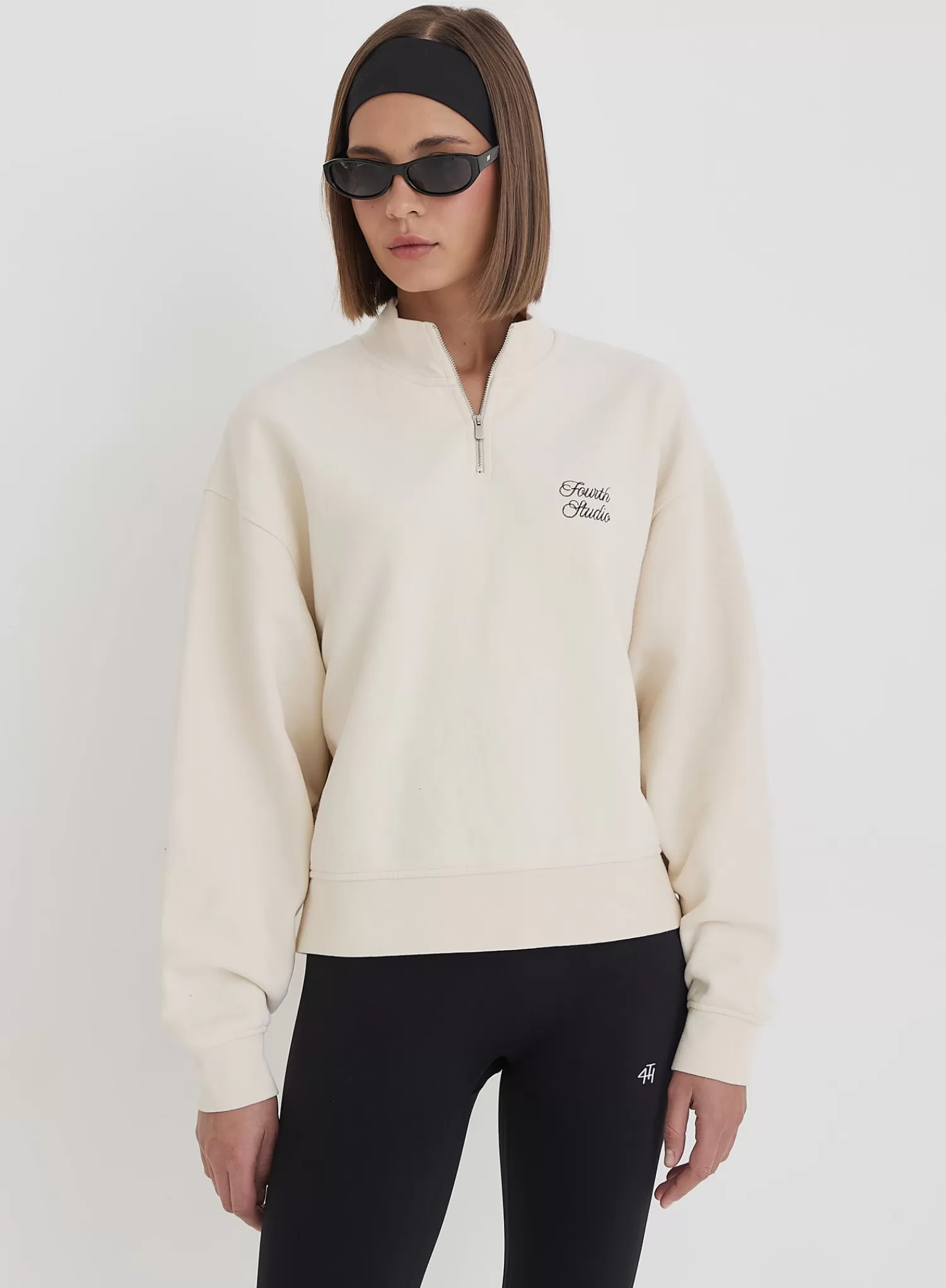 Cream Fourth Branded Half Zip Cropped Sweatshirt- Jacques-4th & Reckless Store