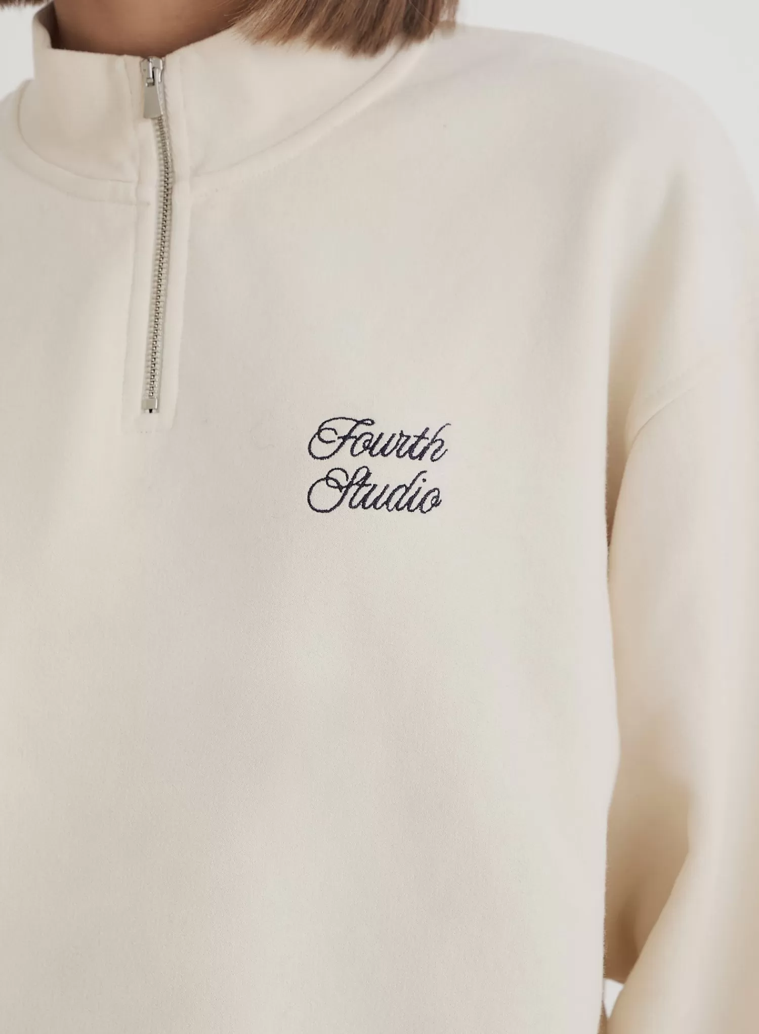 Cream Fourth Branded Half Zip Cropped Sweatshirt- Jacques-4th & Reckless Store