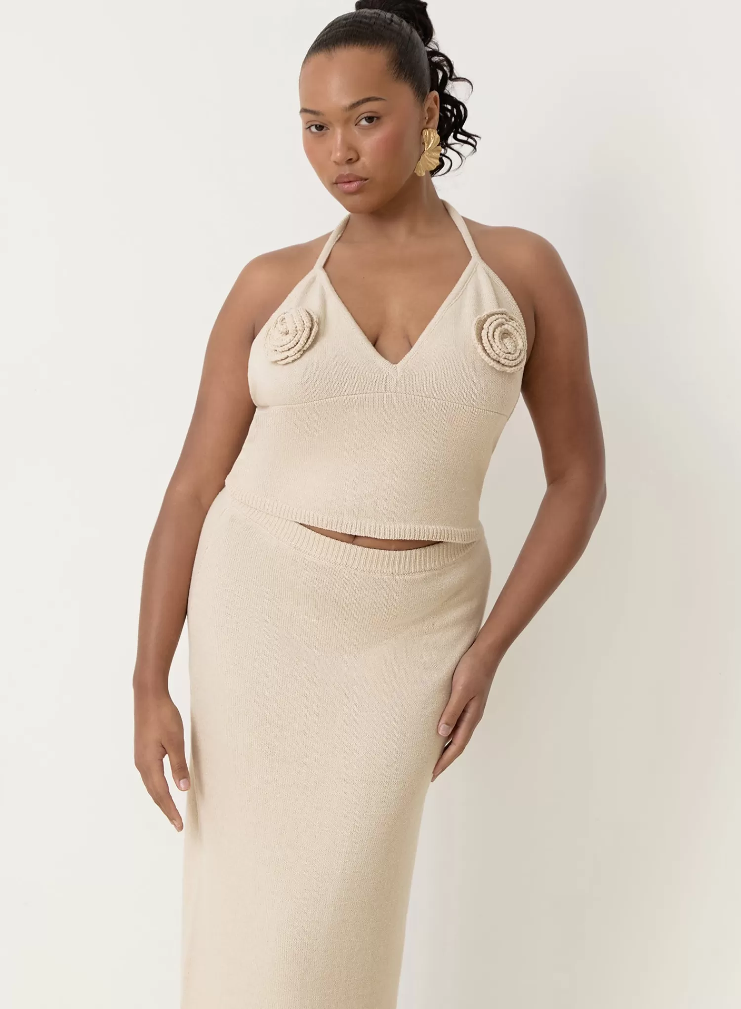 Cream Knit Corsage Halterneck Top- Rico-4th & Reckless Clearance