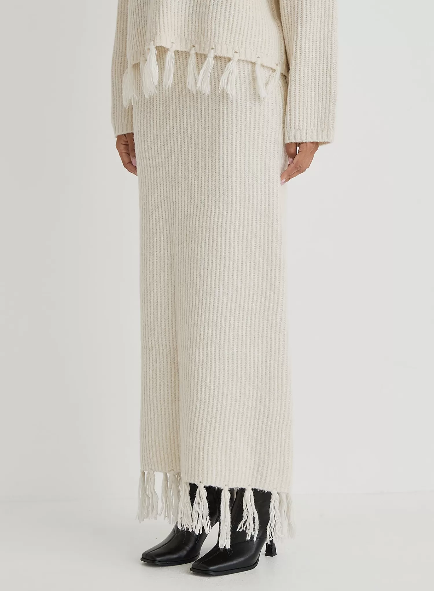 Cream Knit Tassle Trim Maxi Skirt- Fallon-4th & Reckless Hot