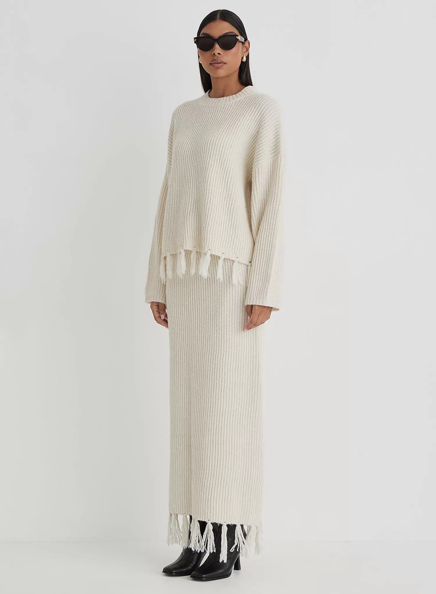Cream Knit Tassle Trim Maxi Skirt- Fallon-4th & Reckless Hot