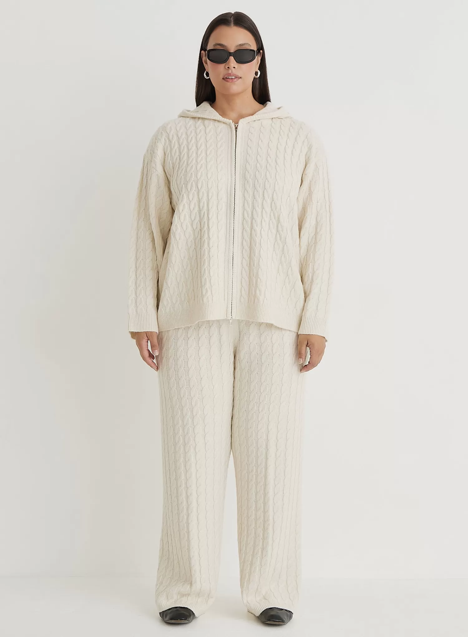 Cream Plus Size Cable Knit Zip Hoodie- Janina-4th & Reckless Store