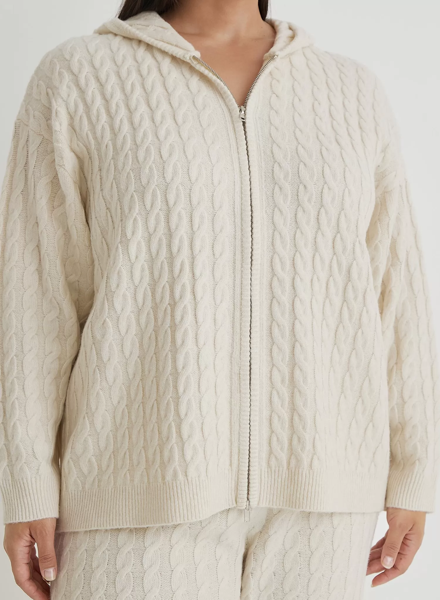 Cream Plus Size Cable Knit Zip Hoodie- Janina-4th & Reckless Store