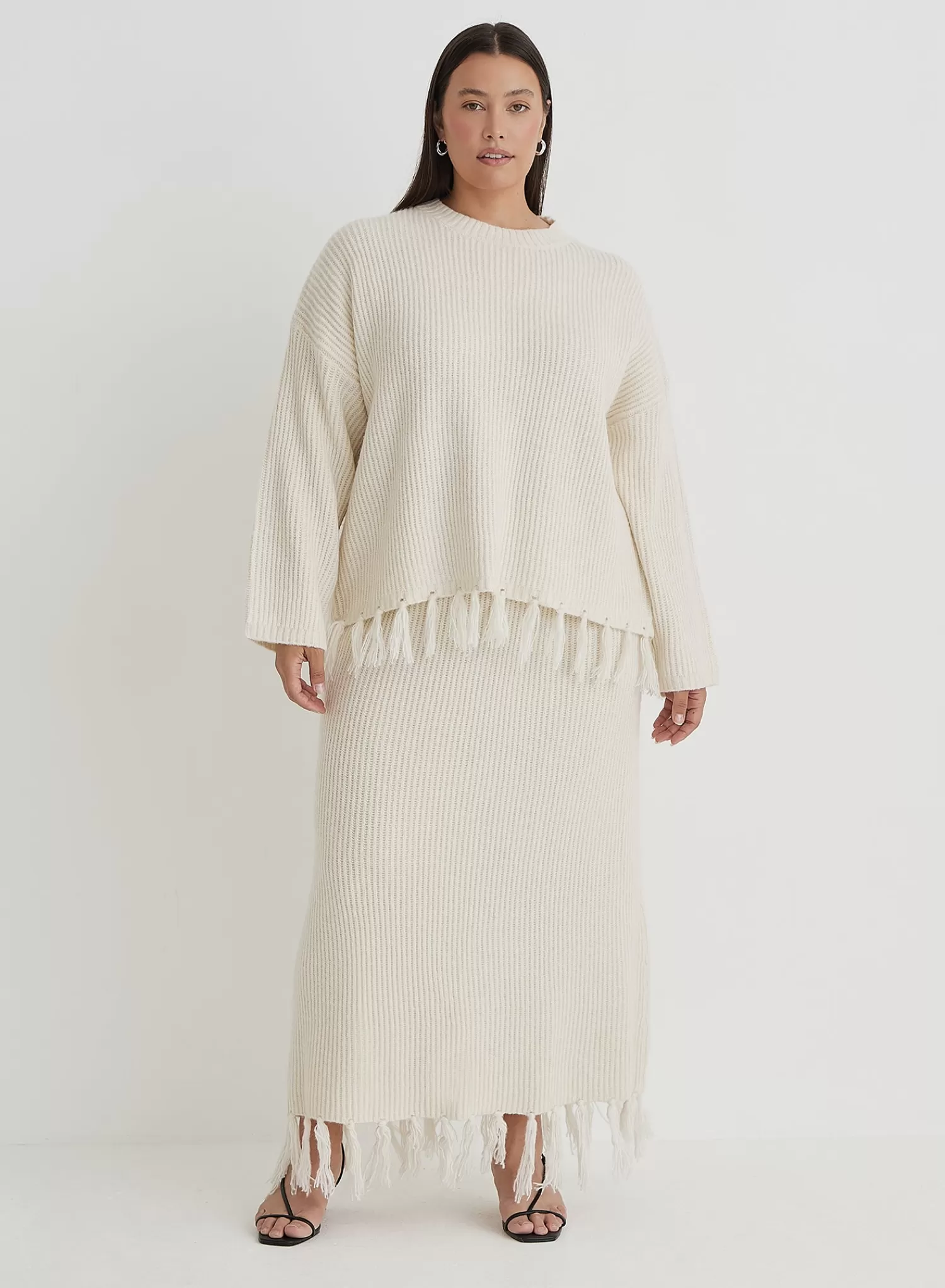 Cream Plus Size Knit Tassle Trim Maxi Skirt- Fallon-4th & Reckless Online
