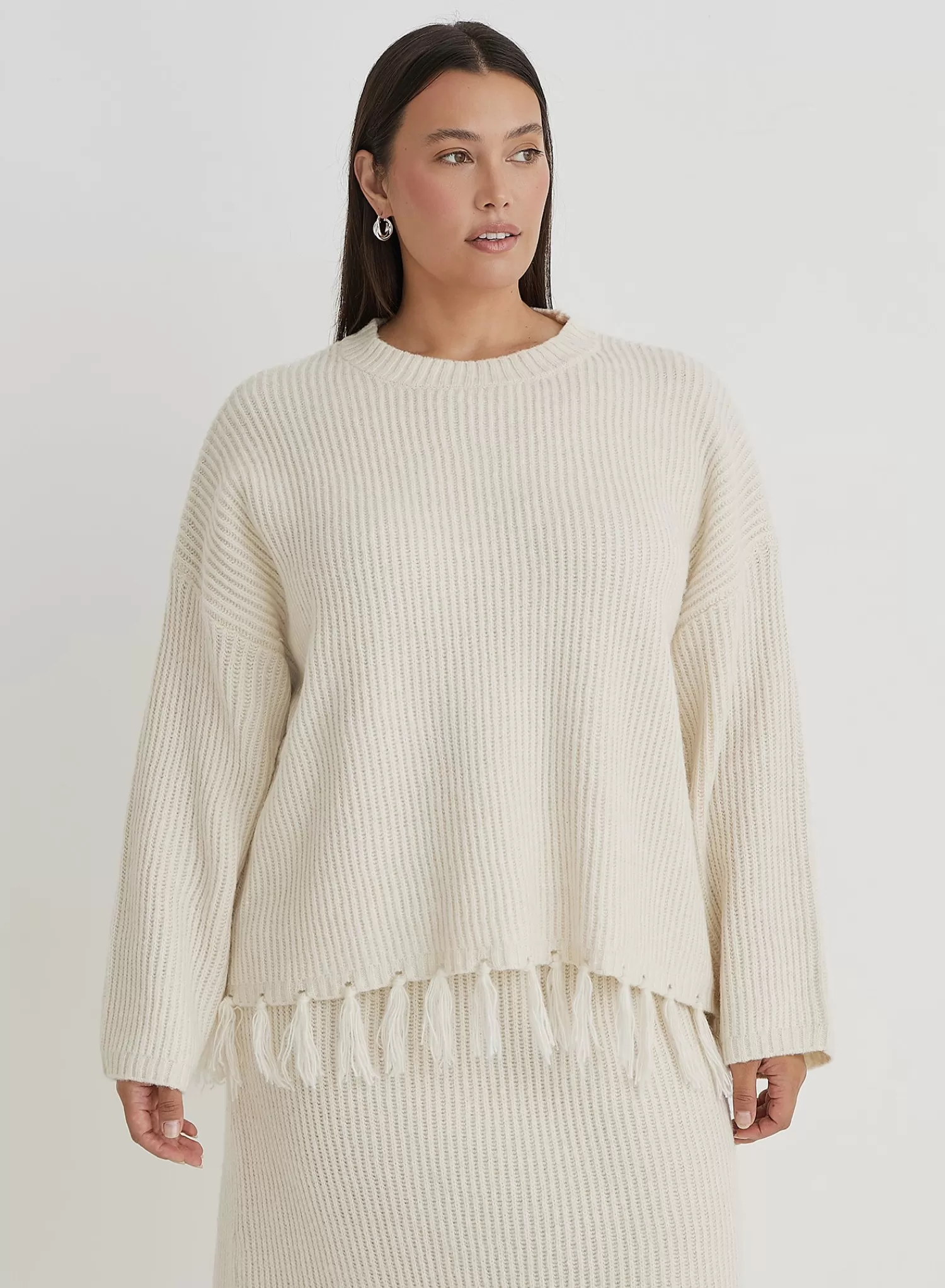 Cream Plus Size Oversized Tassle Trim Jumper- Fallon-4th & Reckless Cheap