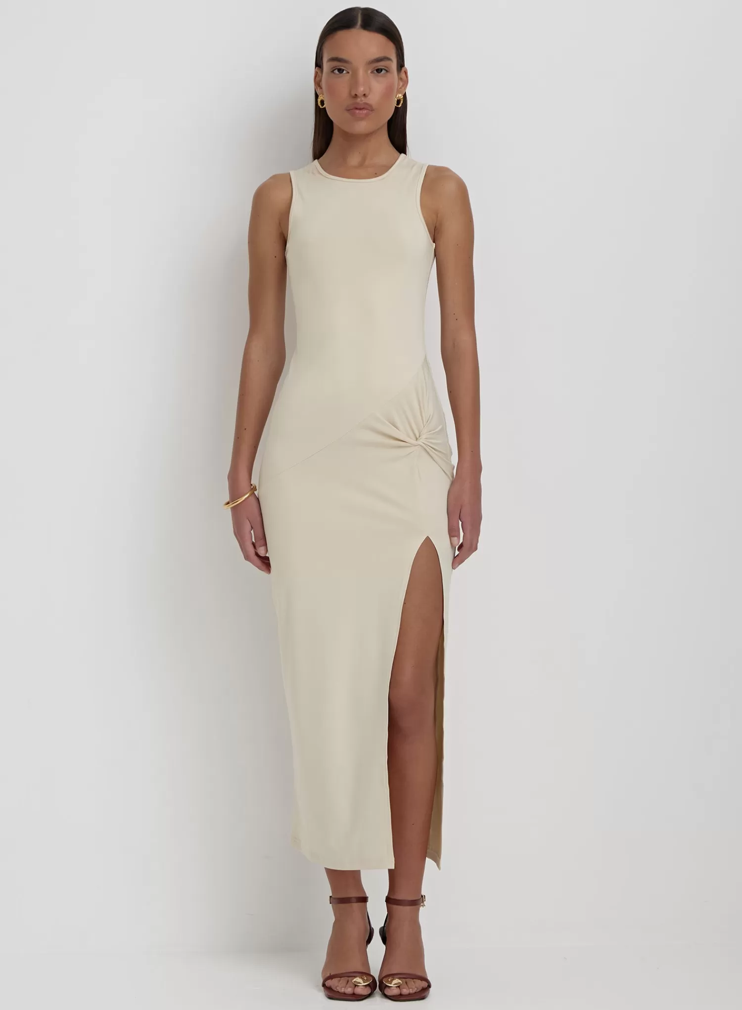Cream Slinky Side Split Maxi Dress- Lorena-4th & Reckless New