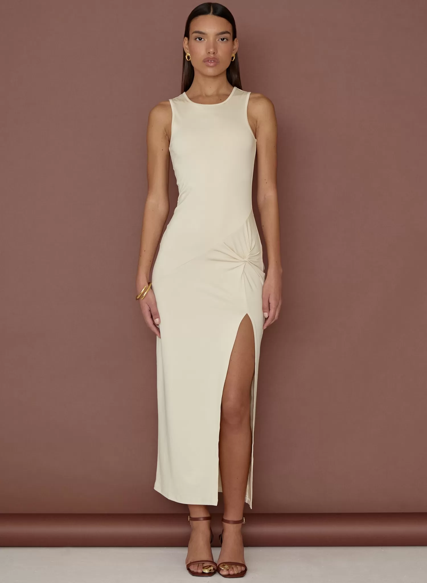 Cream Slinky Side Split Maxi Dress- Lorena-4th & Reckless New