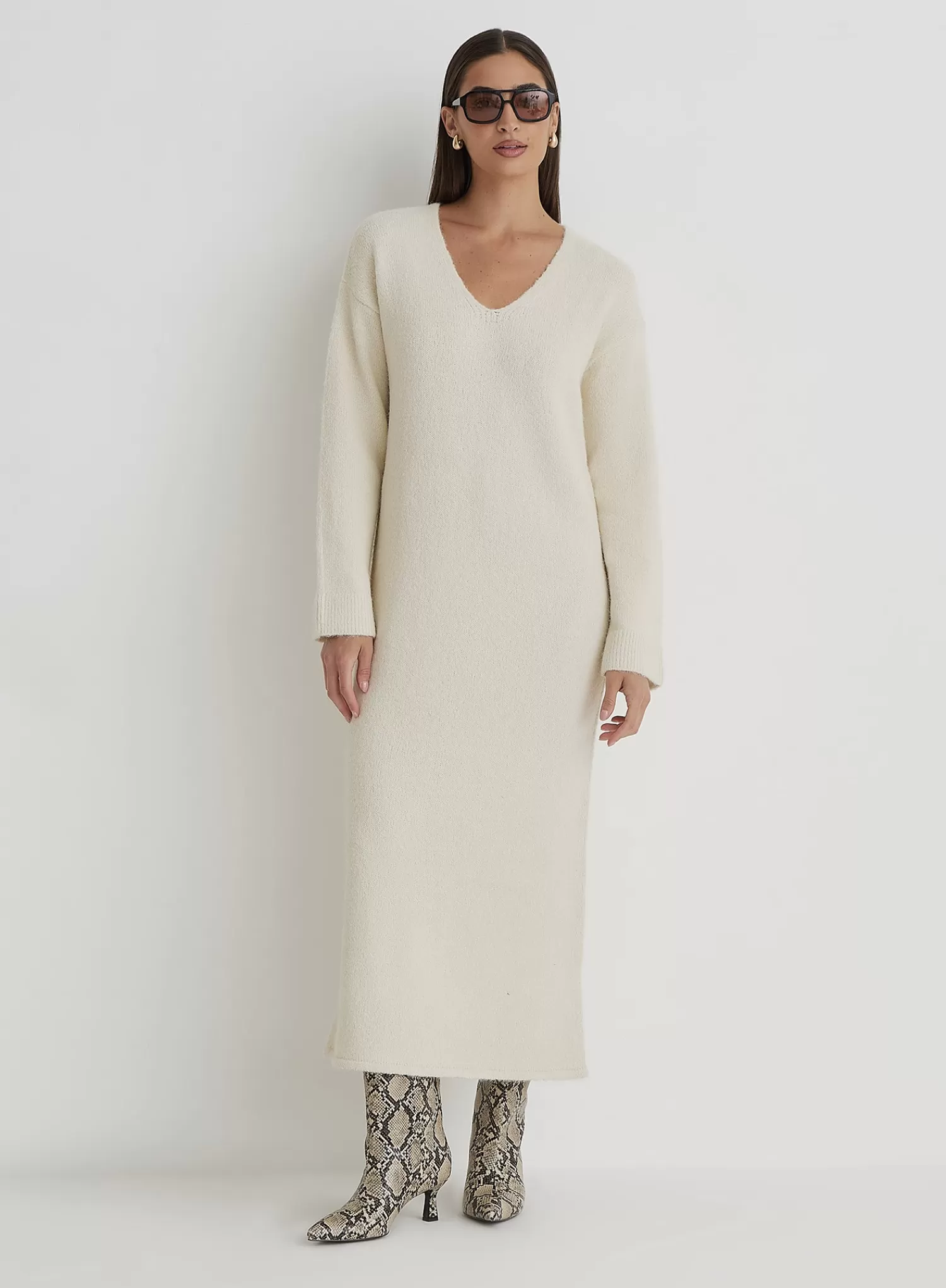 Cream V Neck Knitted Maxi Dress- Dahlia-4th & Reckless Best Sale