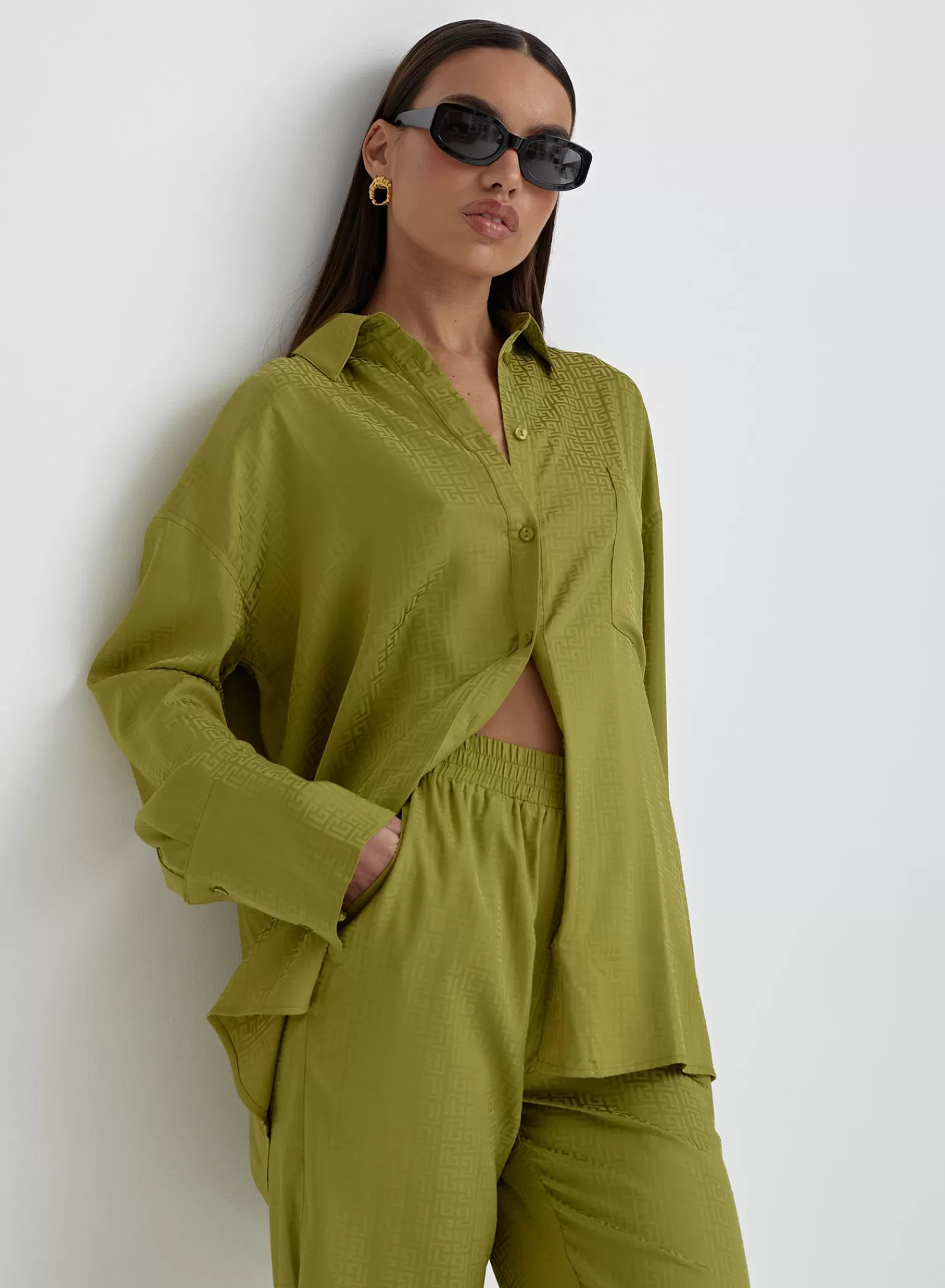 Green Jacquard Satin Print Oversized Shirt- Mimi-4th & Reckless Clearance