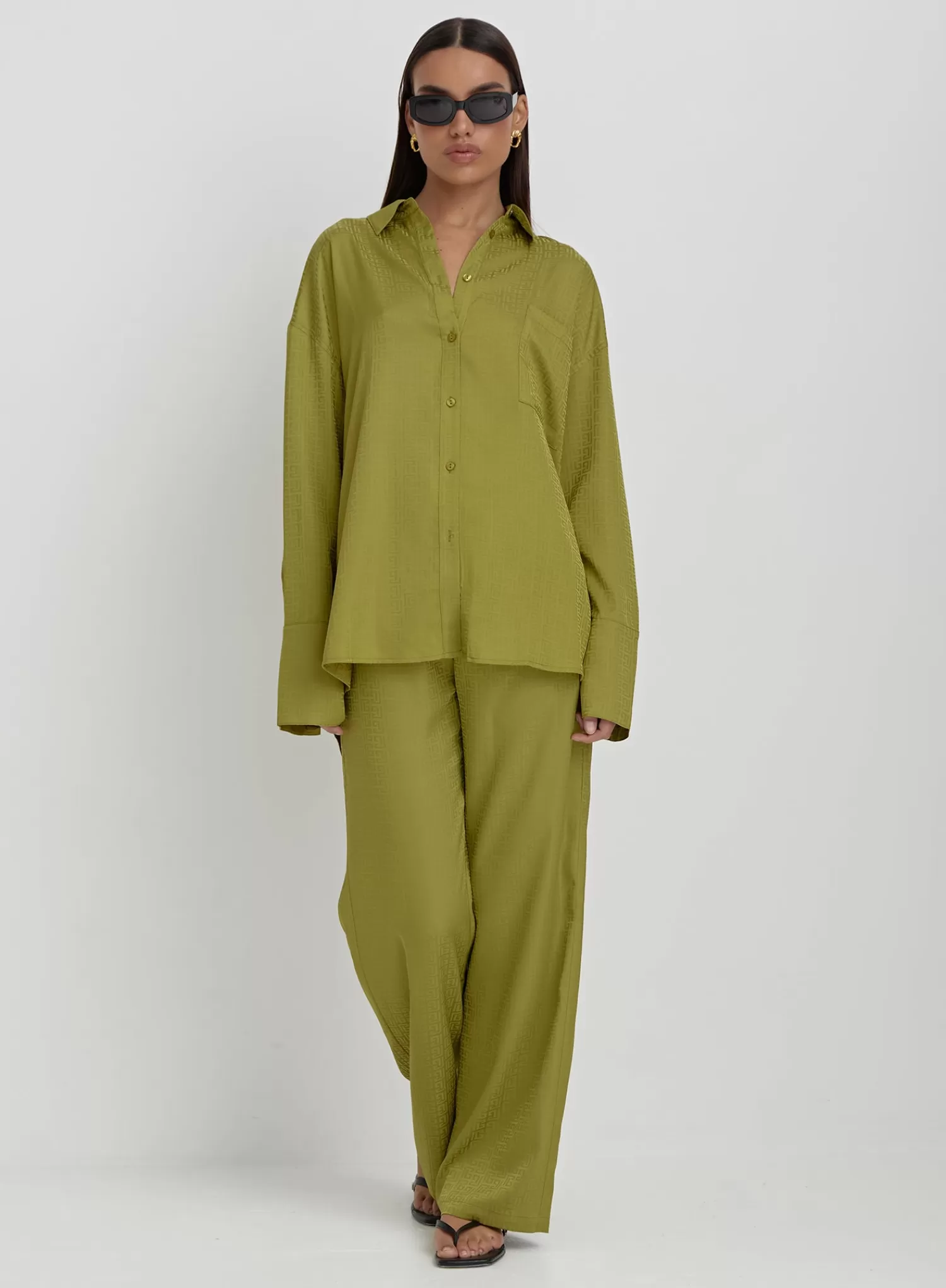 Green Jacquard Satin Print Oversized Shirt- Mimi-4th & Reckless Clearance