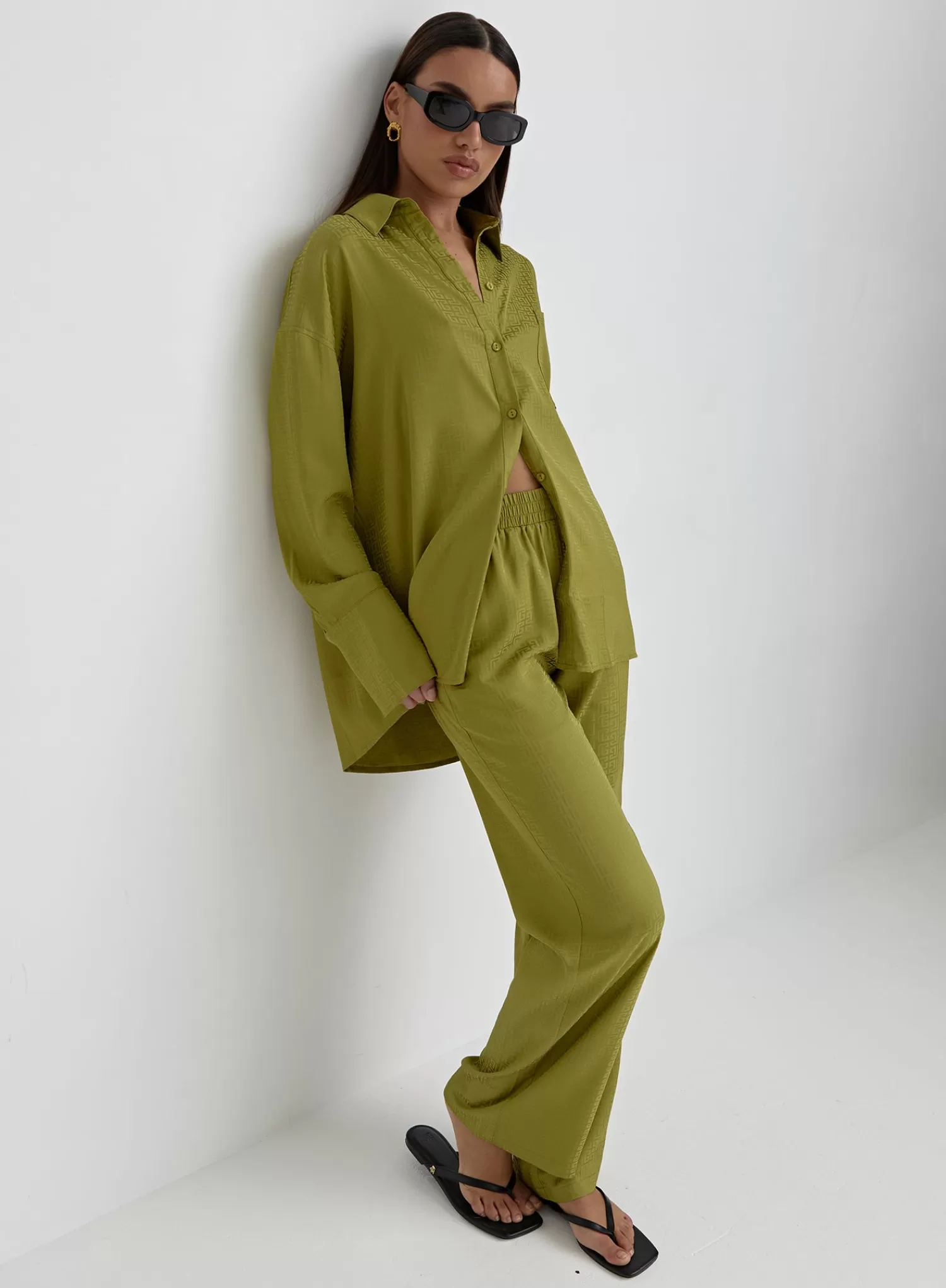 Green Jacquard Satin Print Trouser- Mimi-4th & Reckless Hot