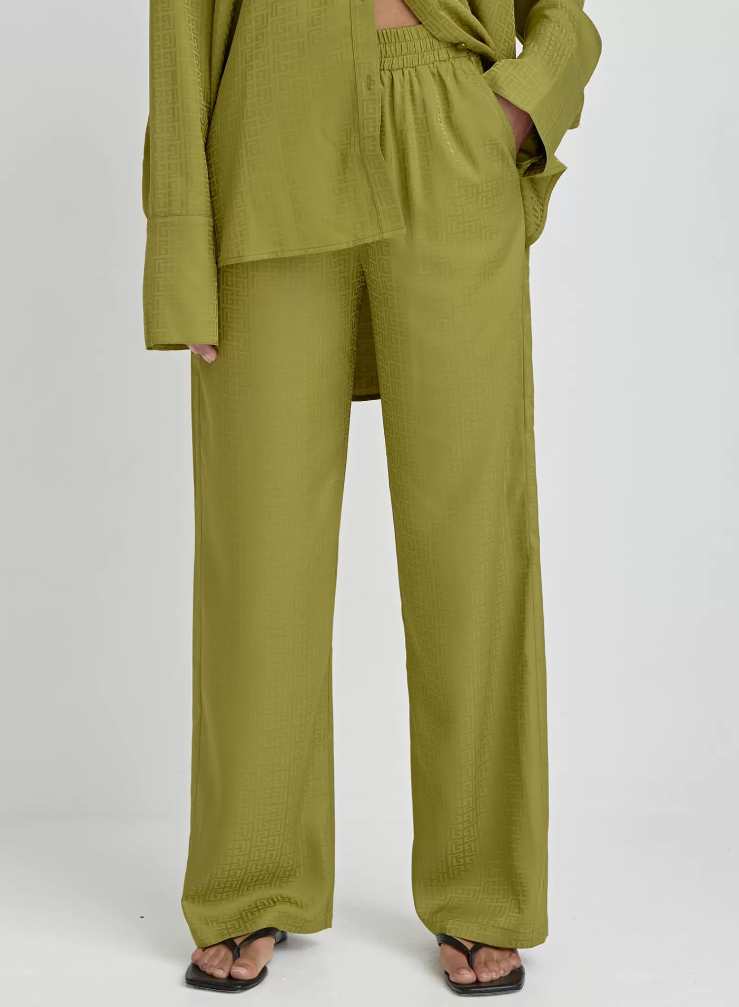 Green Jacquard Satin Print Trouser- Mimi-4th & Reckless Hot