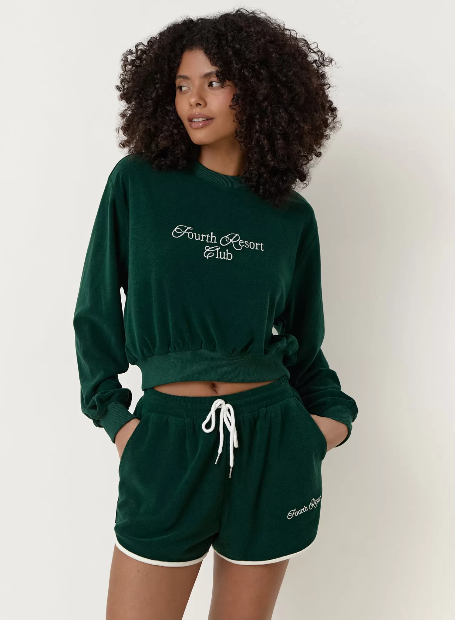 Green Towelling Resort Club Cropped Sweatshirt- Ella-4th & Reckless Sale