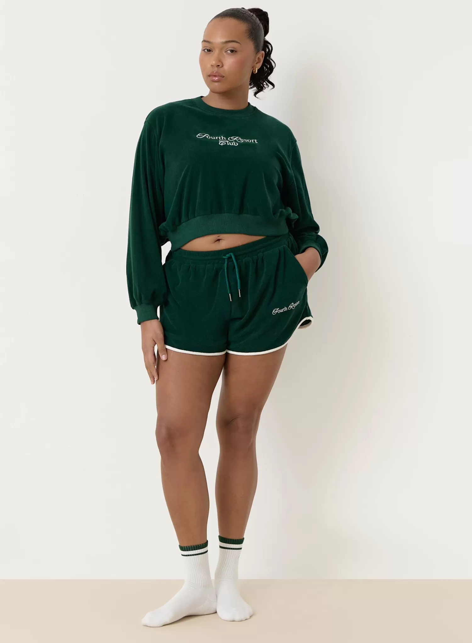 Green Towelling Resort Club Cropped Sweatshirt- Ella-4th & Reckless Sale
