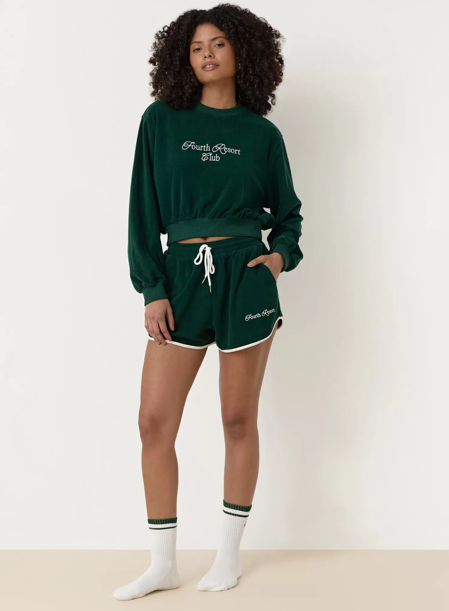Green Towelling Resort Club Cropped Sweatshirt- Ella-4th & Reckless Sale