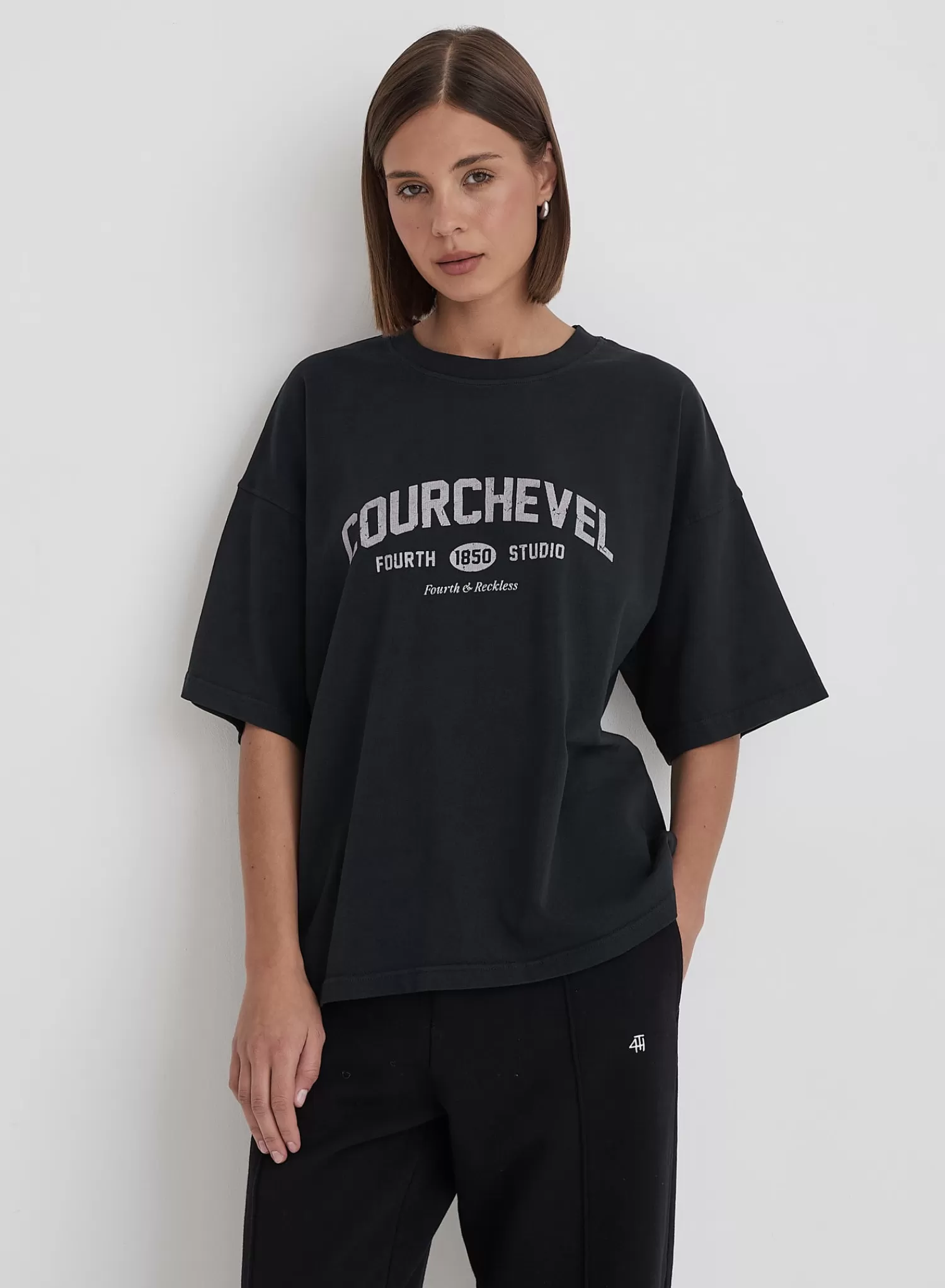 Grey Acid Wash Courchevel Slogan Print T-Shirt- Adeline-4th & Reckless Store