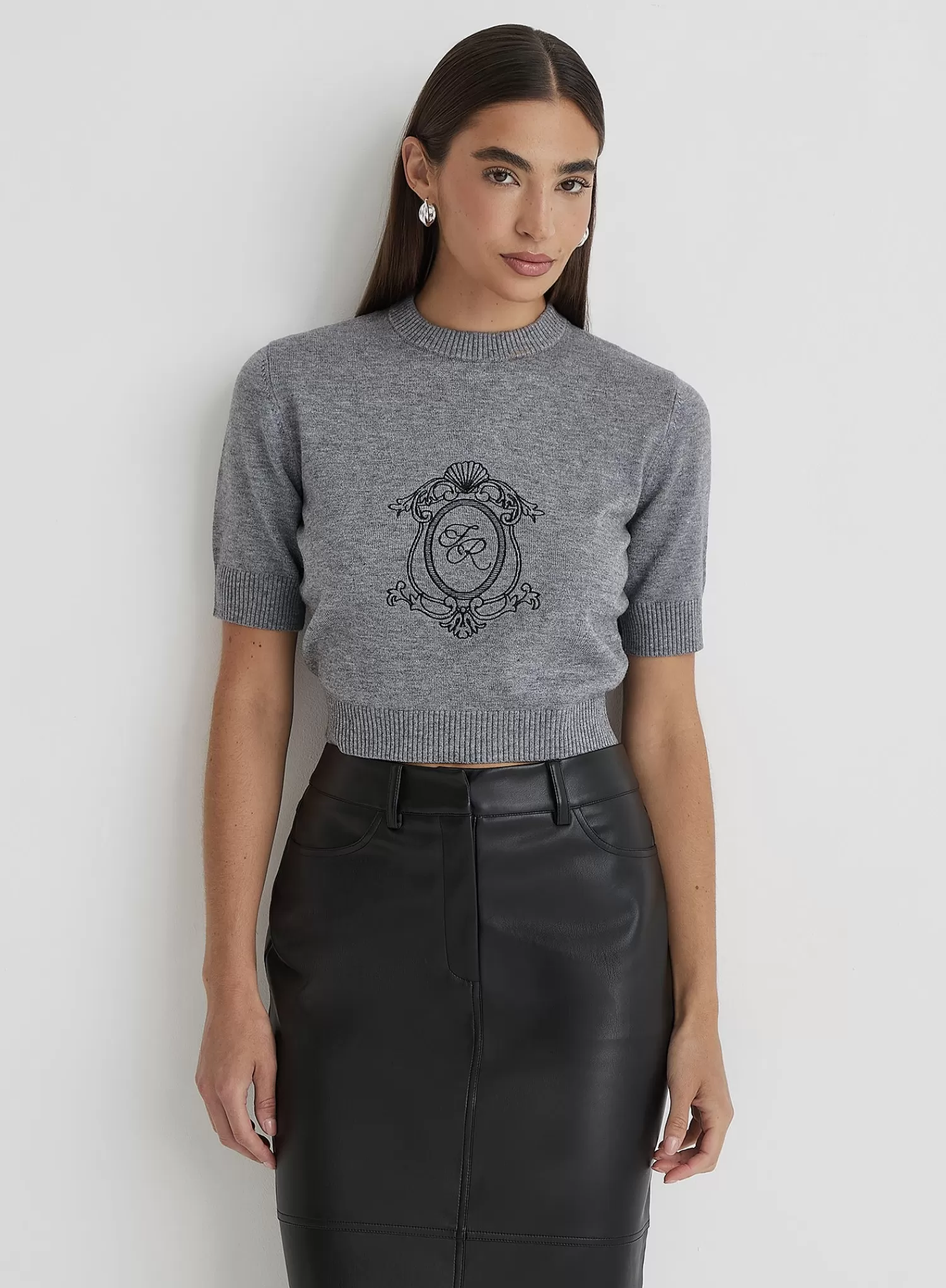 Grey Cropped Knitted Emblem Top- Kay-4th & Reckless Discount