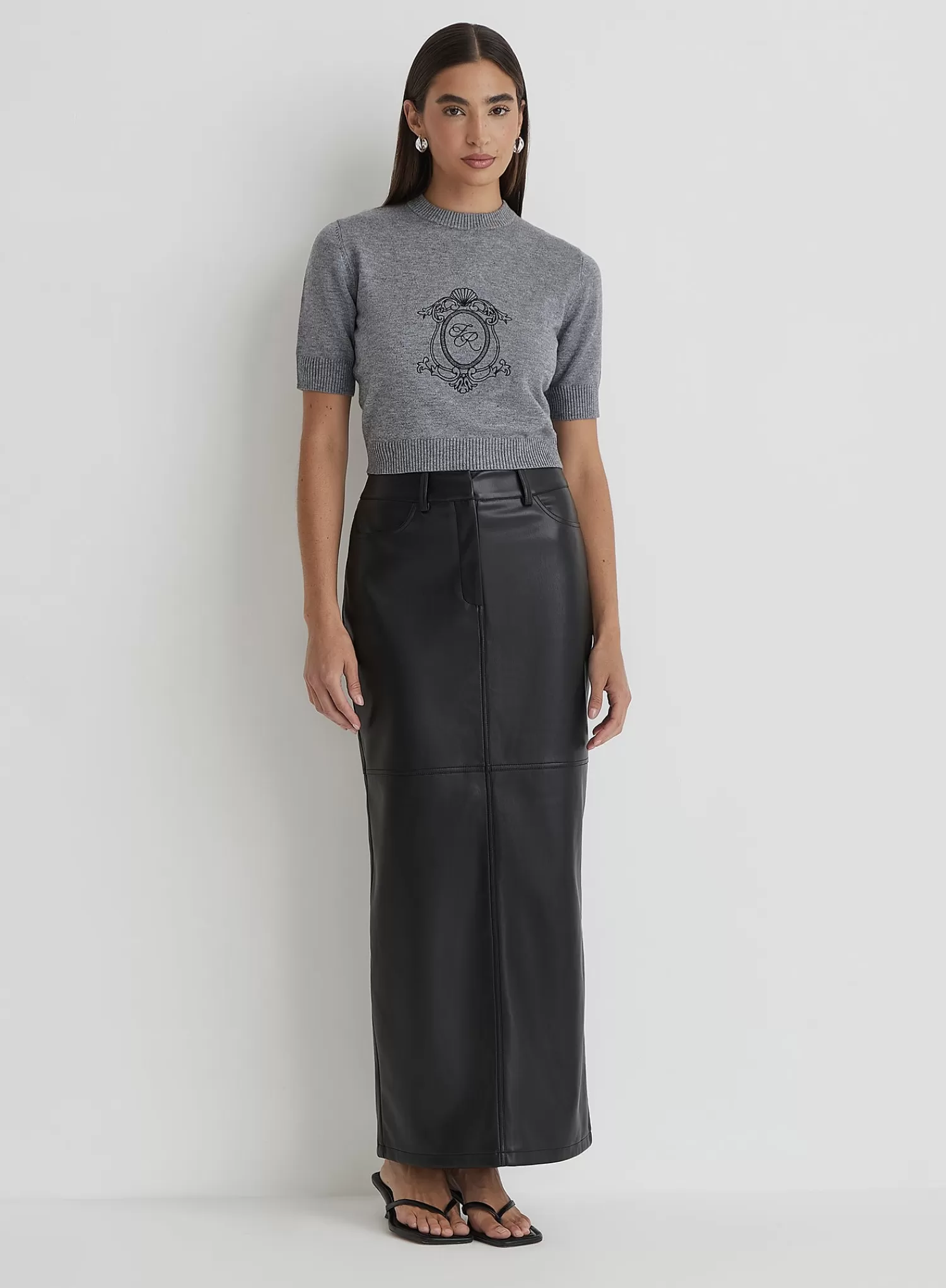 Grey Cropped Knitted Emblem Top- Kay-4th & Reckless Discount