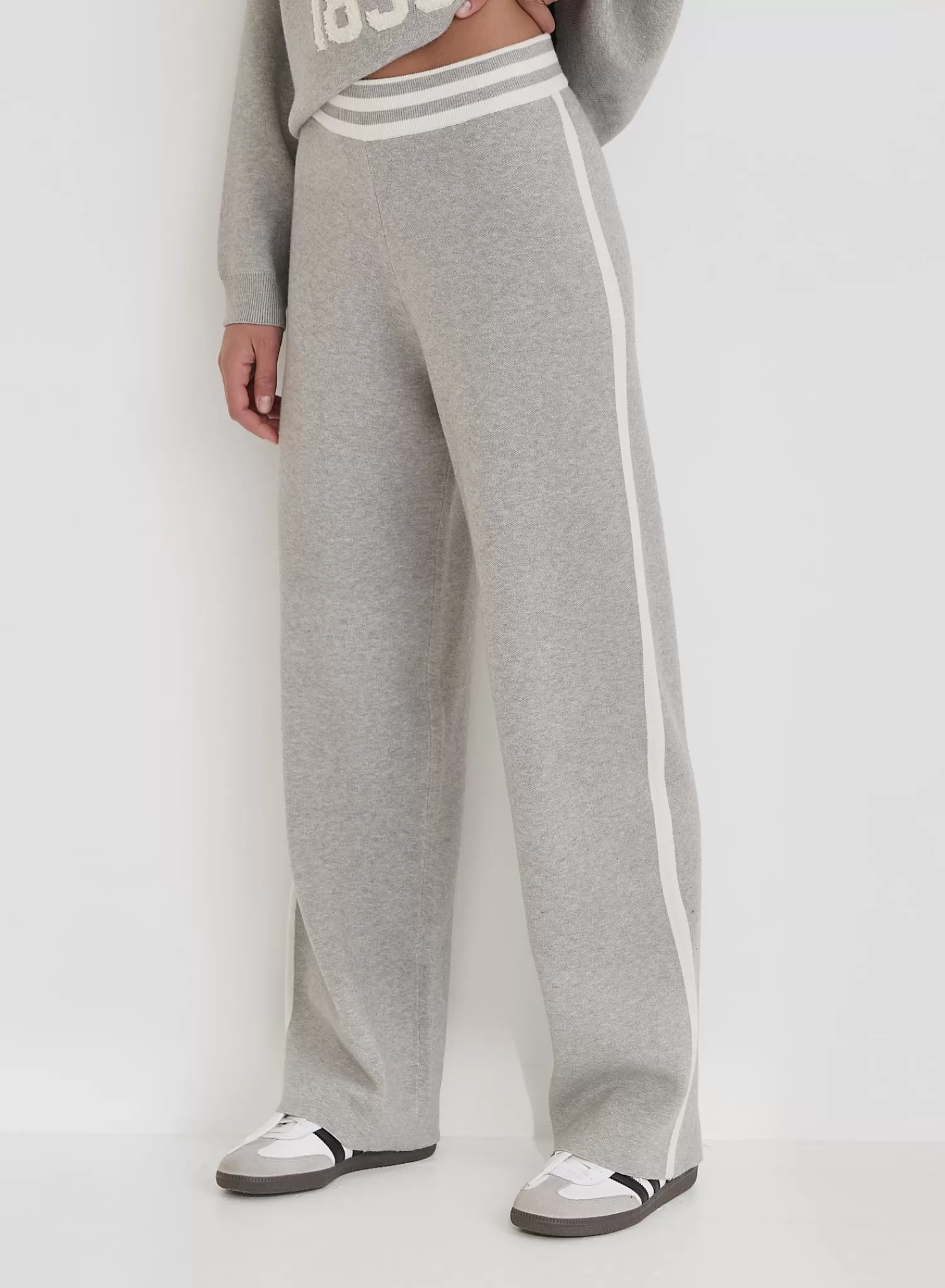 Grey Knitted Contrast Stripe Wide Leg Trouser- Davis-4th & Reckless Best