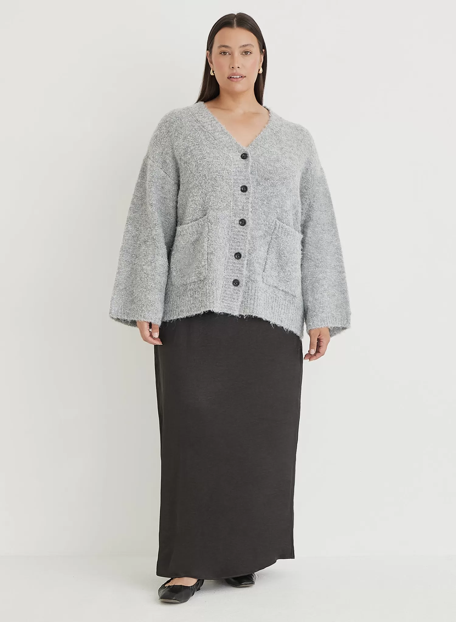 Grey Plus Size Brushed Knit Cardigan- Lidia-4th & Reckless Fashion