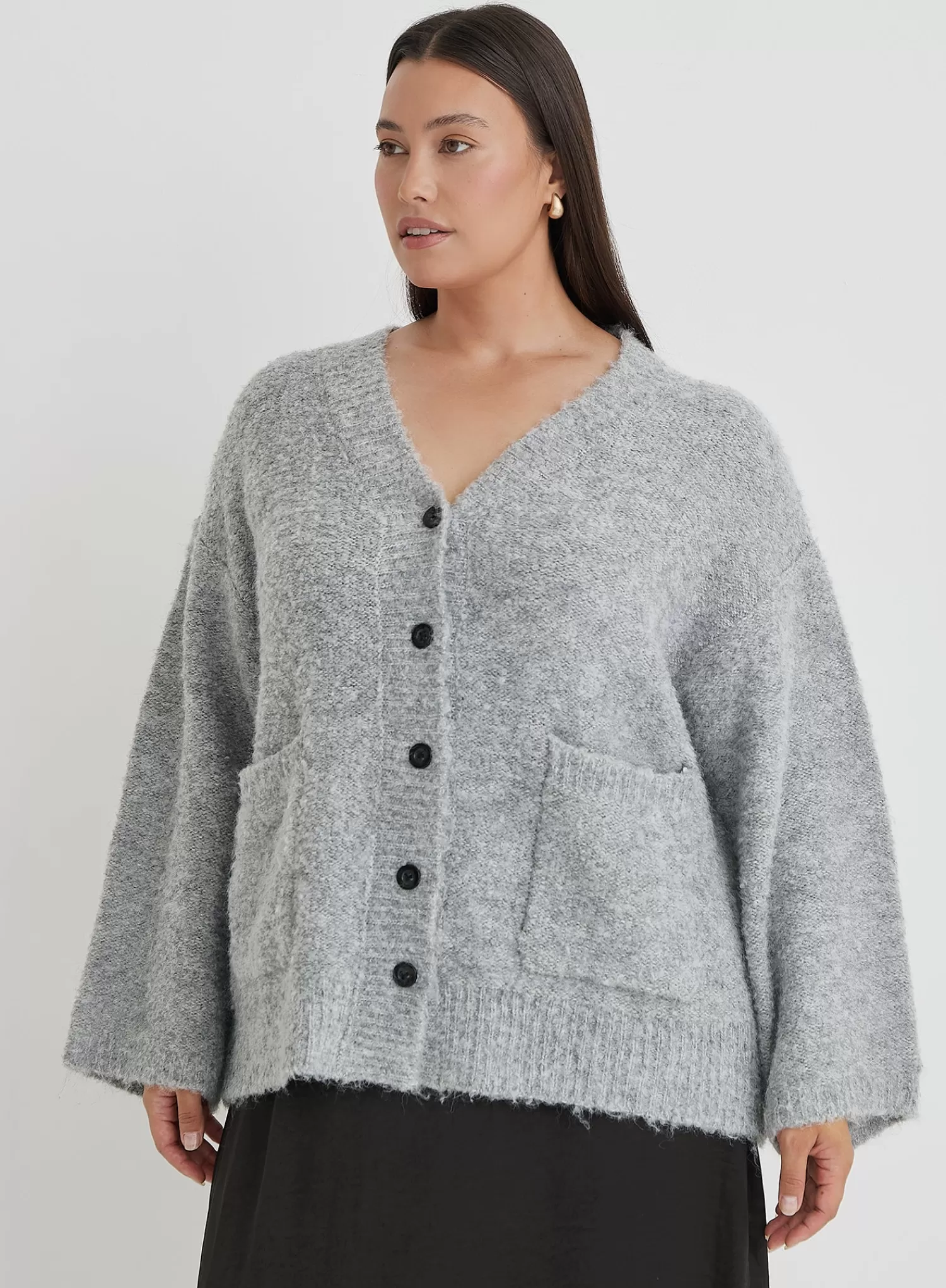 Grey Plus Size Brushed Knit Cardigan- Lidia-4th & Reckless Fashion