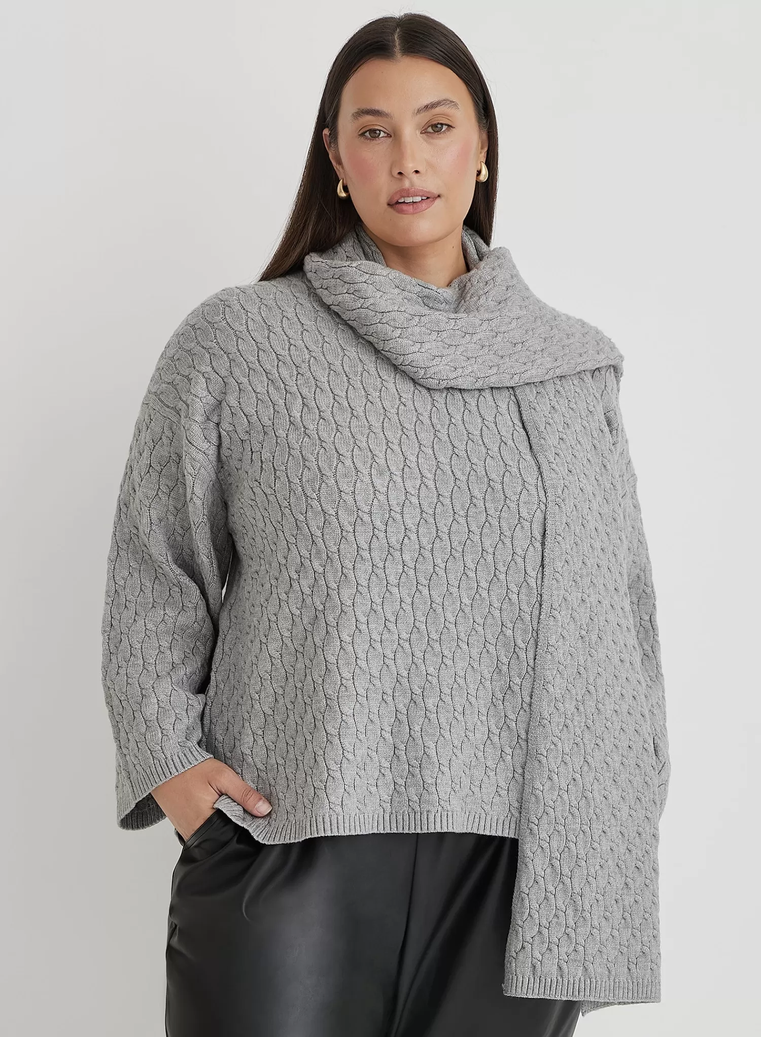 Grey Plus Size Cable Knit Jumper With Scarf- Gabriel-4th & Reckless Flash Sale