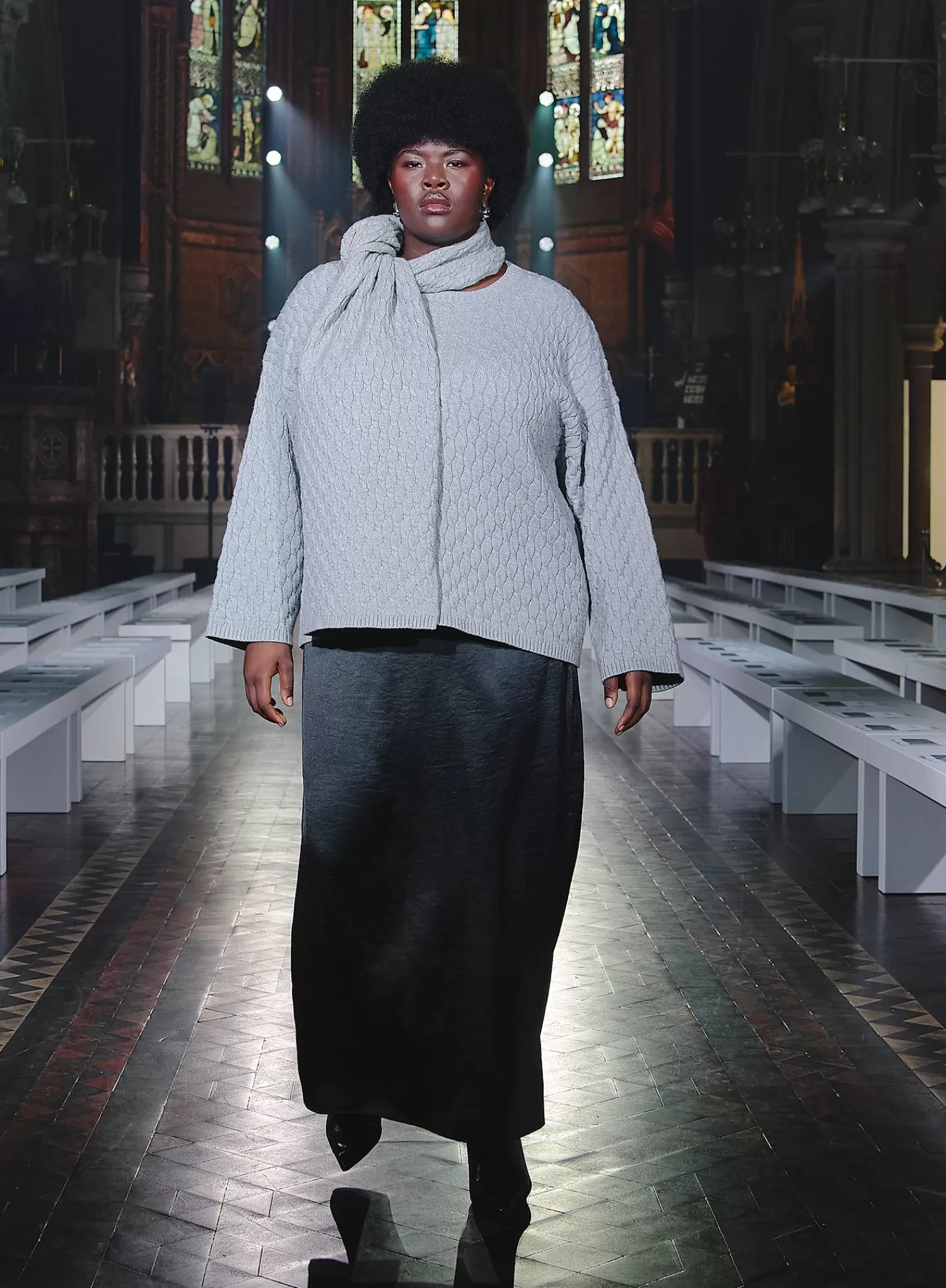Grey Plus Size Cable Knit Jumper With Scarf- Gabriel-4th & Reckless Flash Sale