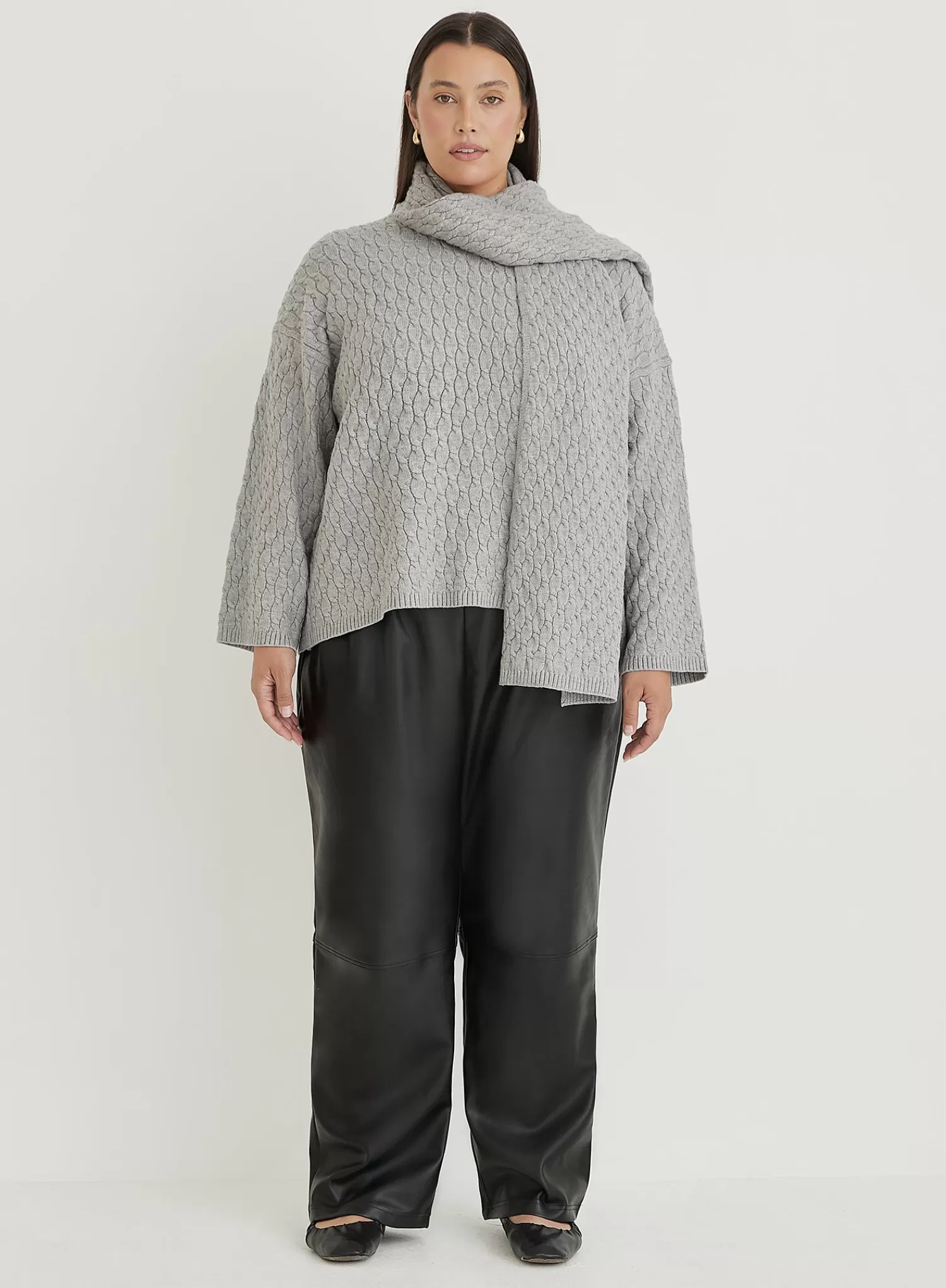 Grey Plus Size Cable Knit Jumper With Scarf- Gabriel-4th & Reckless Flash Sale