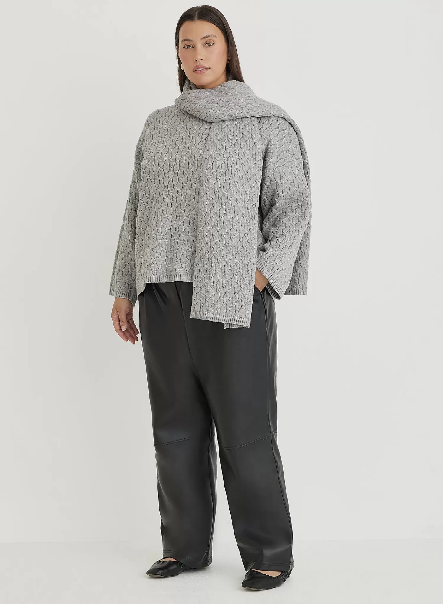 Grey Plus Size Cable Knit Jumper With Scarf- Gabriel-4th & Reckless Flash Sale